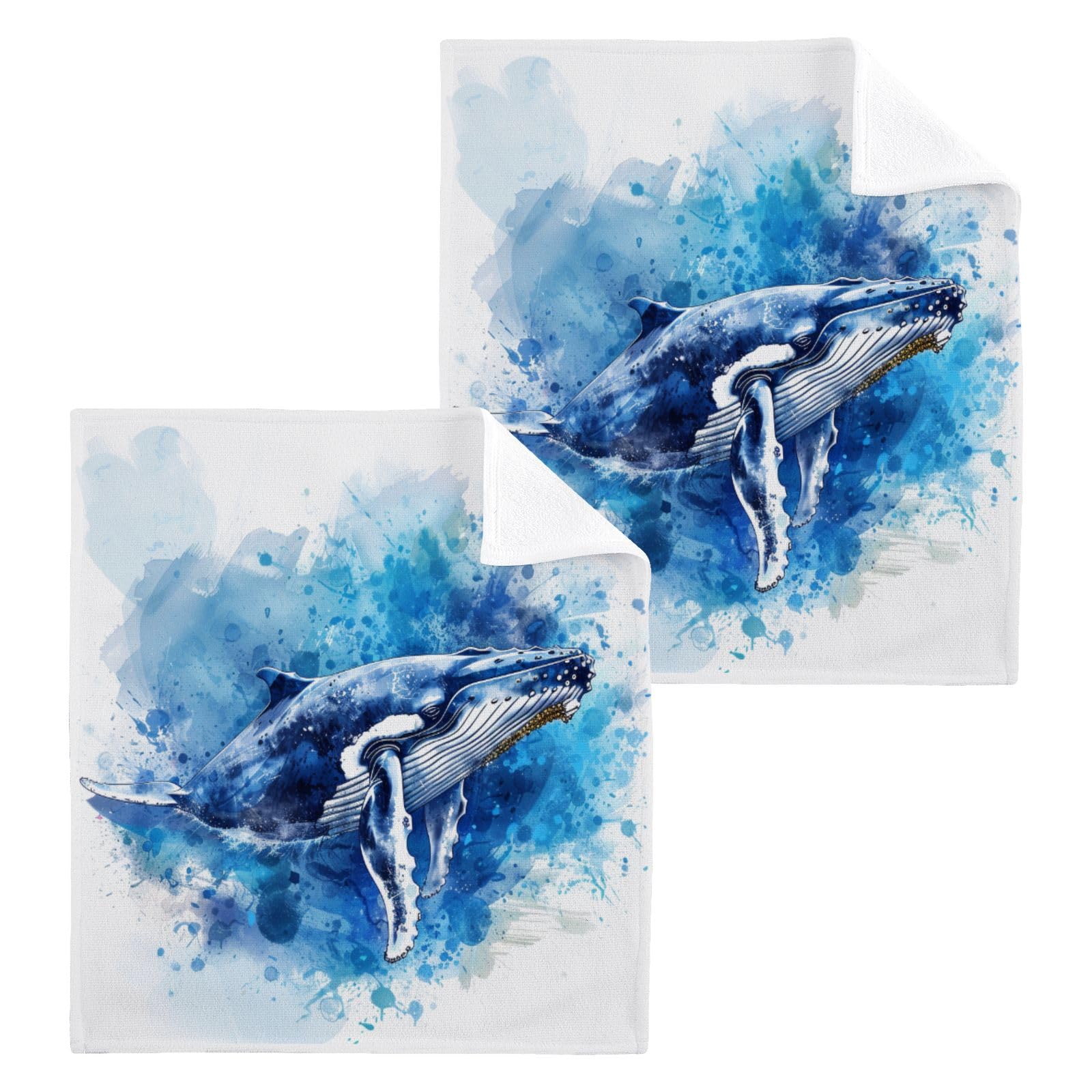 ALAZA Wash Cloth Set 100% Cotton Fingertip Towels Face Cloths Sets Humpback Whale Highly Absorbent Soft Feel Set of 2