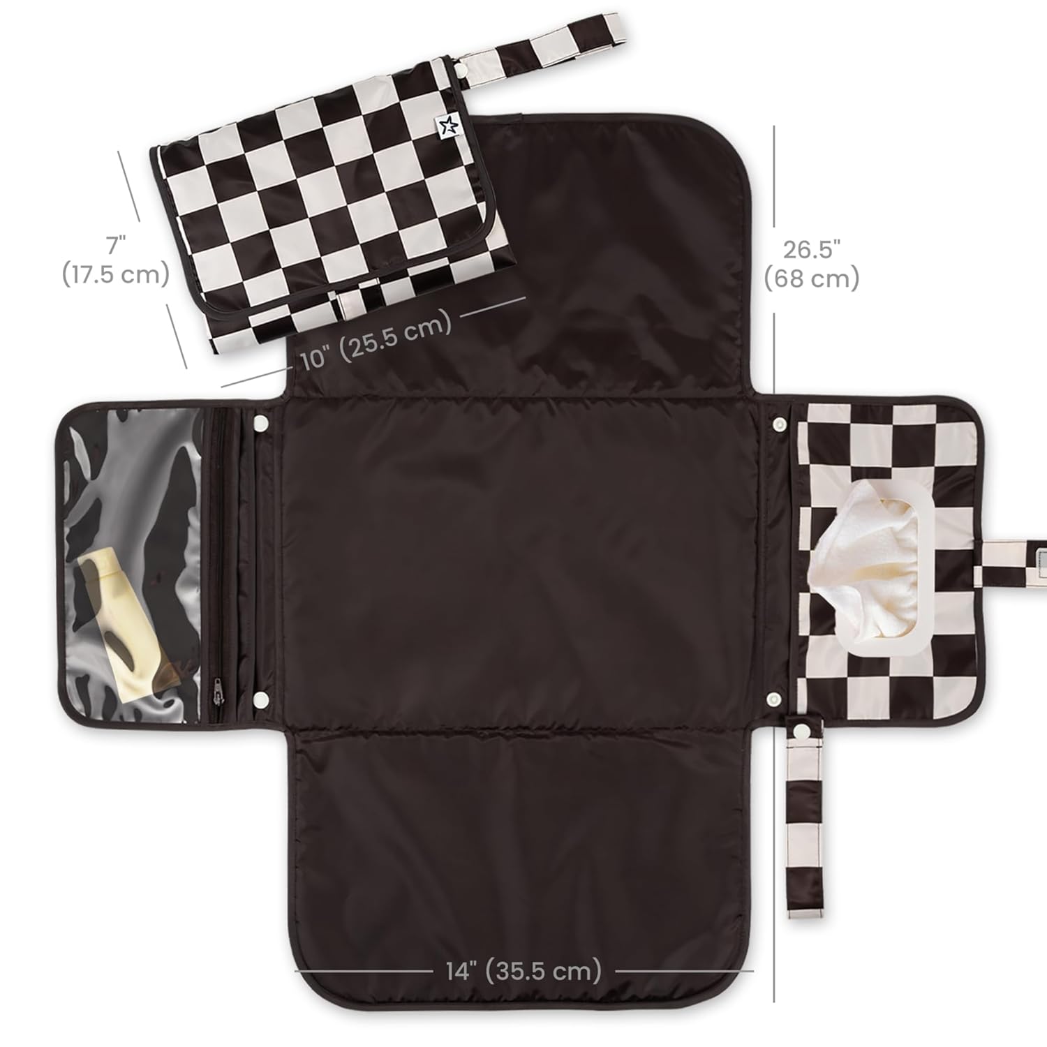 Tiny Twinkle Portable Diaper Changing Pad | Waterproof, Wipeable & Compact Baby Changing Pad for Travel | Smart Wipes Pocket & Organized Storage| Newborn Shower Gift (Black Checkers)