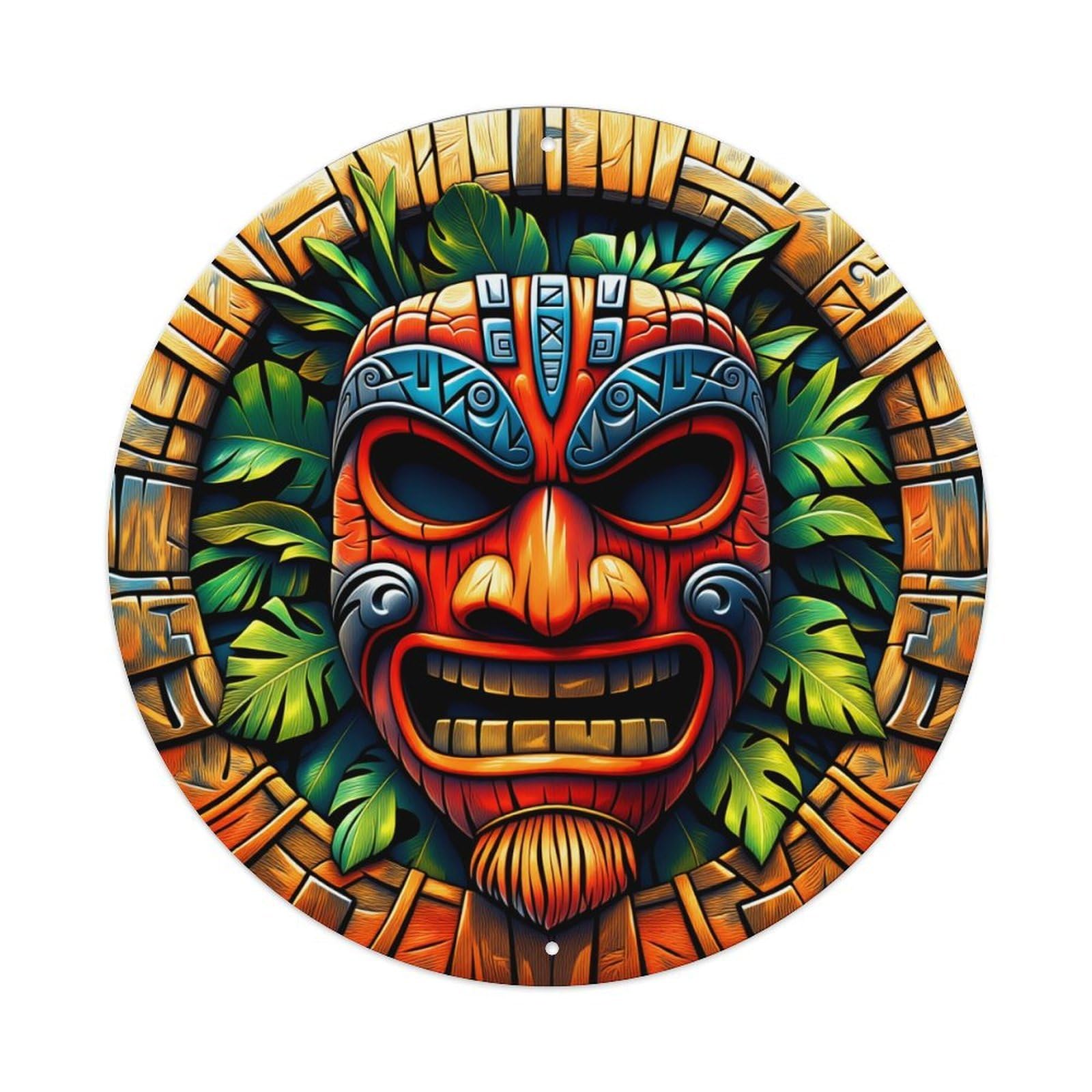 Tiki Mask Tribal Art Jungle Leaves Stone Art Round Vintage Tin Sign,Retro Wall Art,Metal Poster for Home, Bar, Garage, Cafe, Rustic Indoor & Outdoor Decor, 8x8 Inches