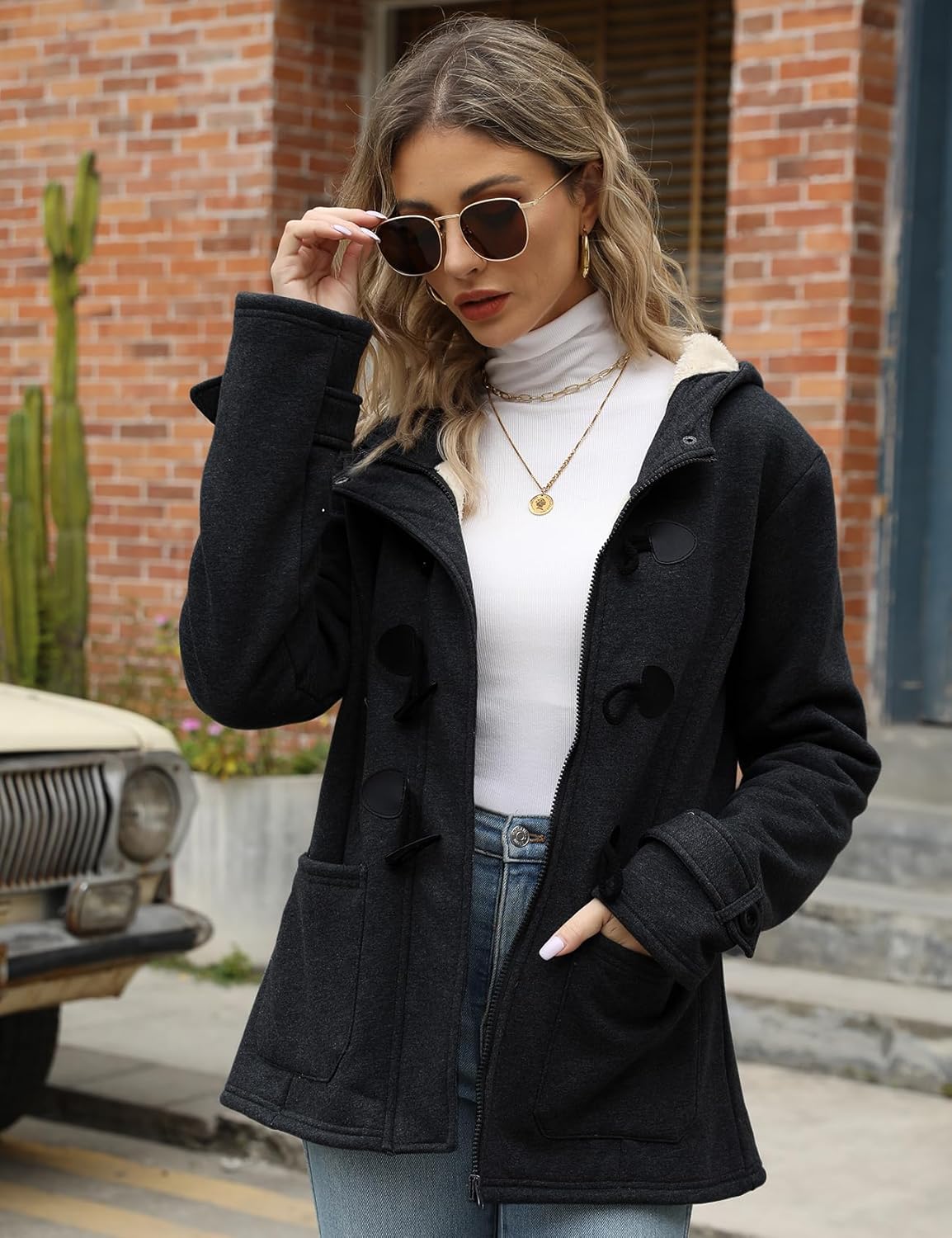 Wyeysyt Winter Jackets for Women Fleece Sherpa Lined Jacket Womens Duffle Toggle Coat Warm Hooded Casual Jacket - Image 2