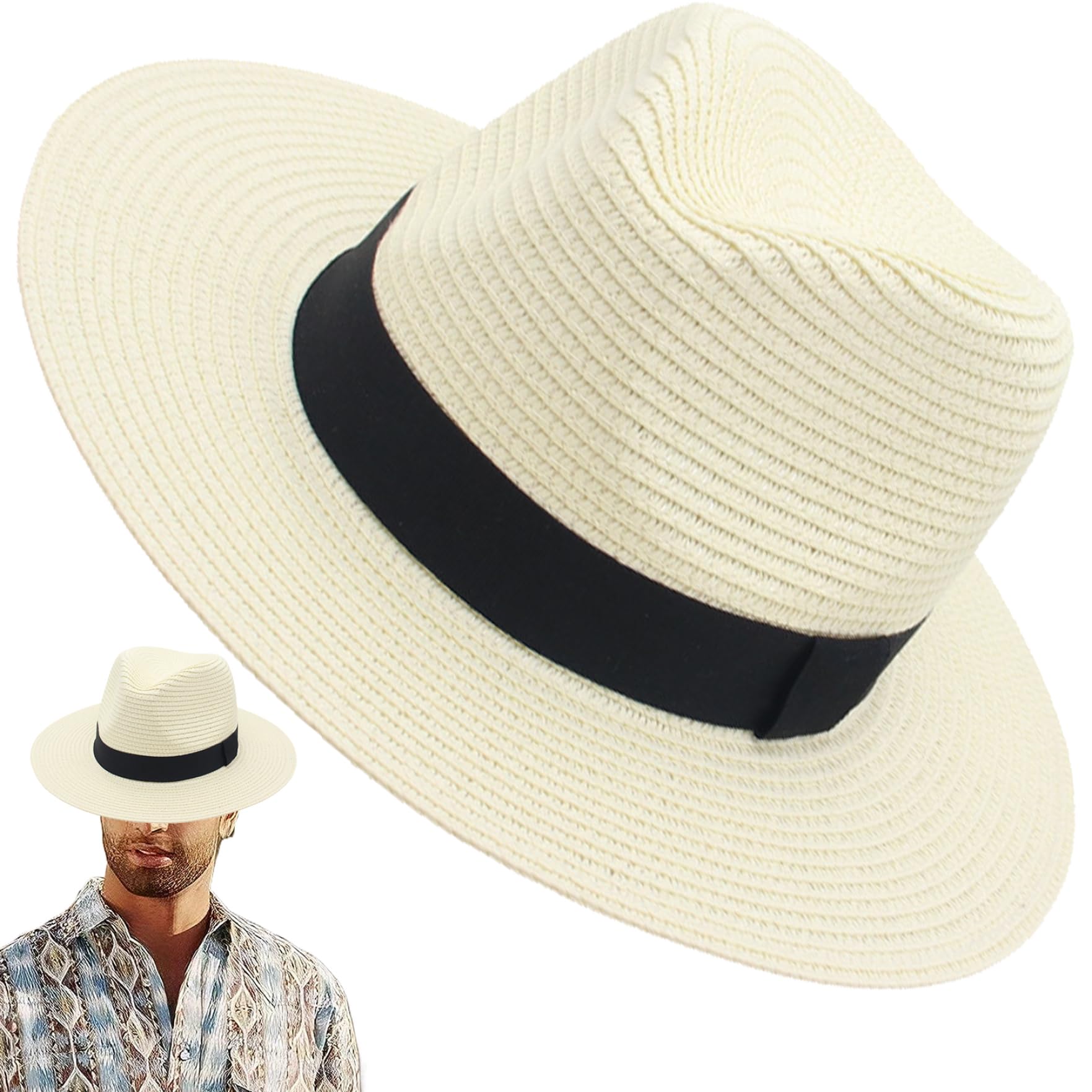 Sombrero Panamá de Paja de ala Ancha Talla única Enrollable - Sombrero de Sol de Playa Fedora para Mujeres y Hombres