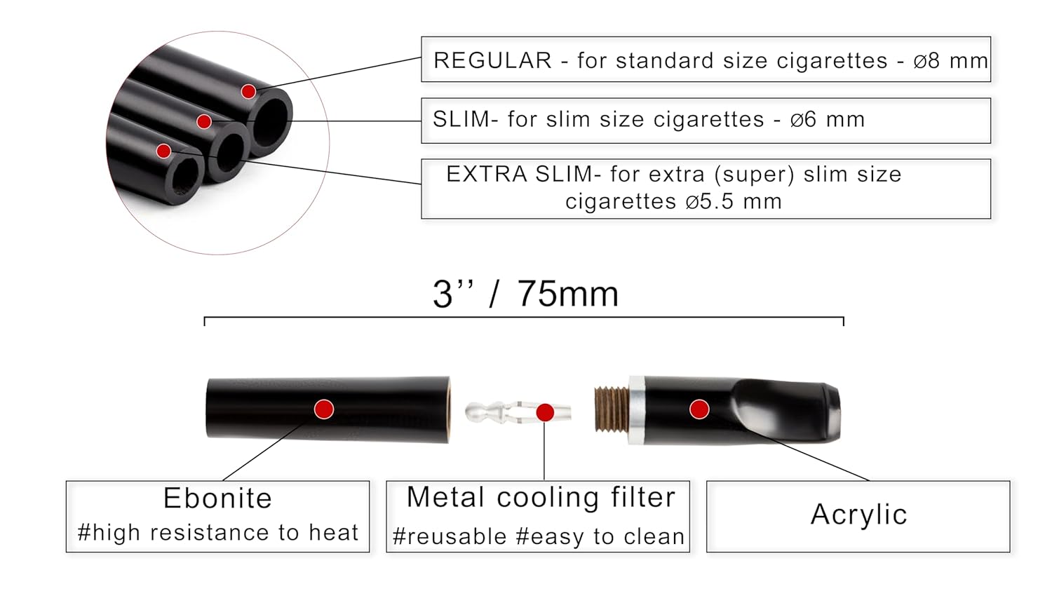 Dr. Watson - 3" Classic Cigarette Holder, fits Slim Size Cigarettes