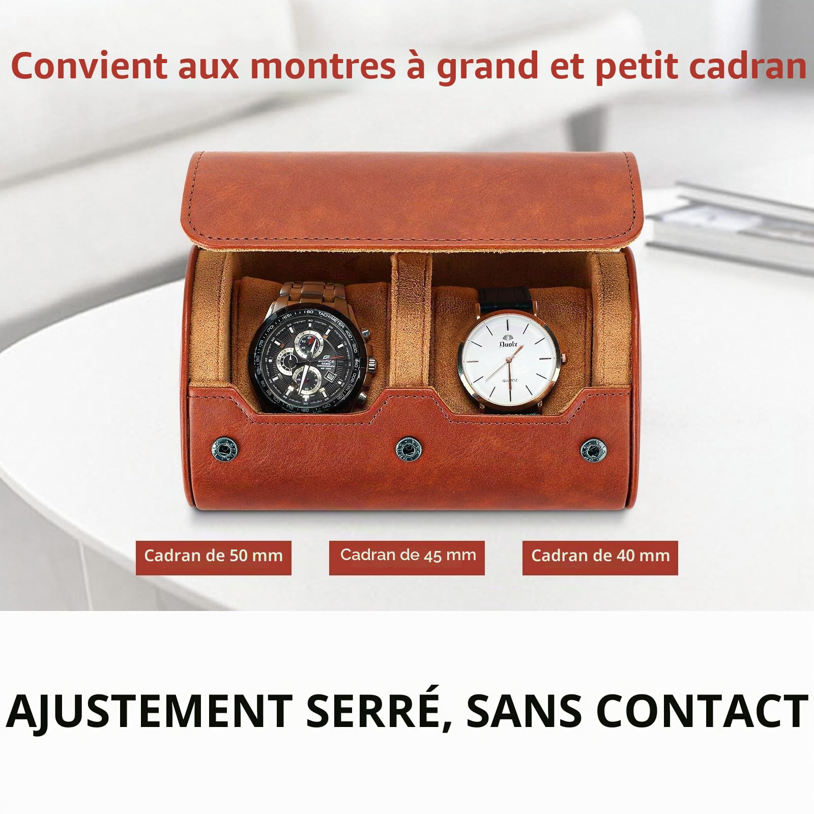 VINBAGGE Boîte à Montres pour Homme 2 Emplacements - Étui de Voyage Rouleau Montre - Organisateur Rangement Cylindrique en Cuir PU - Coffret à Bijoux Vintage Idée Cadeau Noël Anniversaire