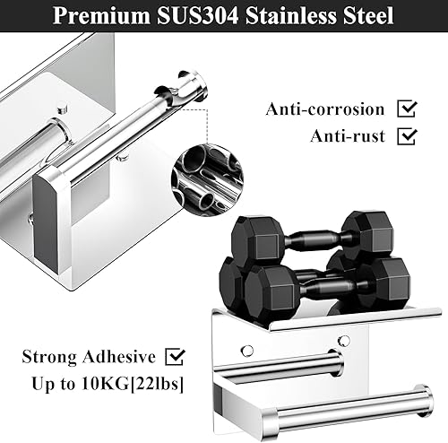 Miniatura 4 de Tindbea Soporte de papel higiénico con estante para teléfono + ganchos para toalla, adhesivo o tornillo, almacenamiento de rollo de papel higiénico