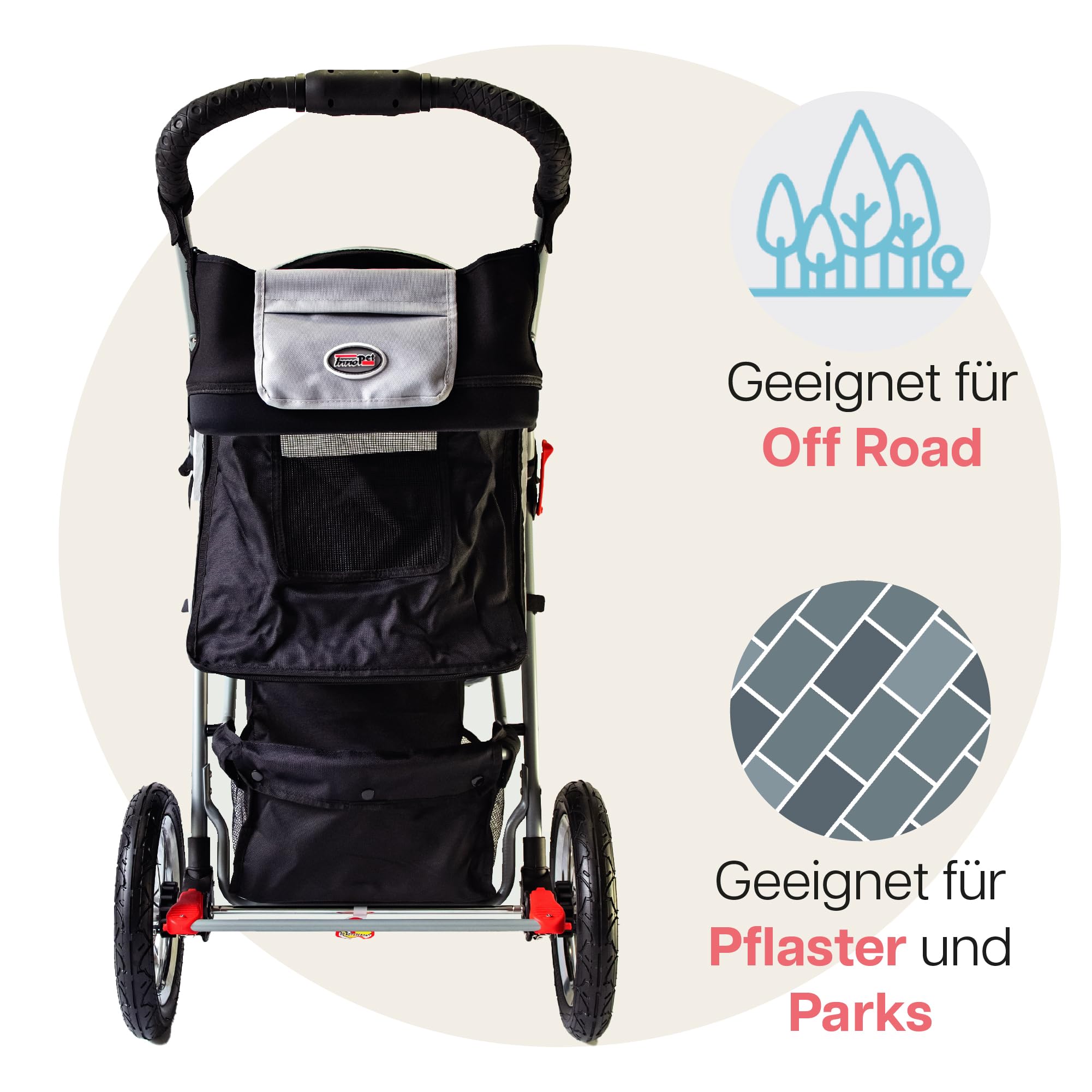 Hundebuggy Innopet Comfort Air Eco Schwarz/Silber – Hundewagen Katzenwagen mit 30cm Luftreifen, einhändig faltbar, für Waldwege geeignet – reflektierende Streifen, Organizer Vorderrad fixierbar