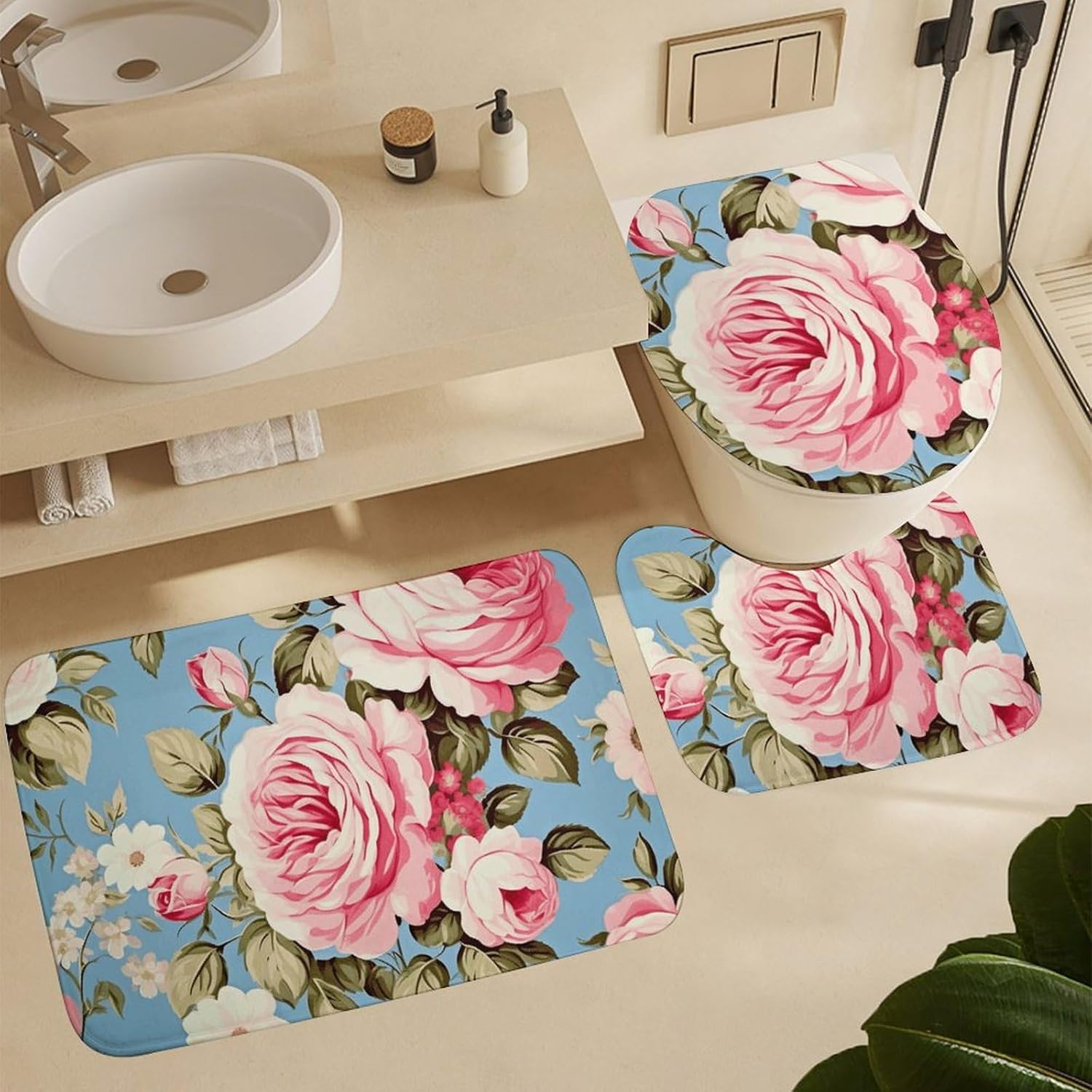 Anti-Skid Floor Mats 3 Piece Set,Vintage Rose Blue Printed Coral Fleece Bathroom Mats U-Shaped Contour Mat Toilet Seat Cover for Bathroom, Tub, Shower, Kitchen 19.7"x31.5"