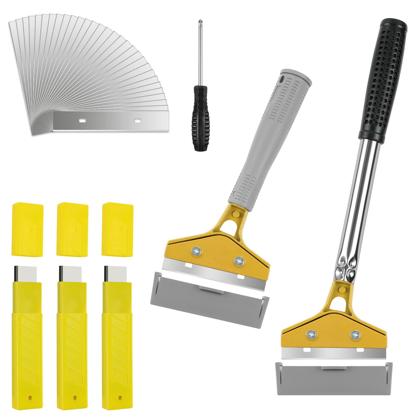 ANOMM 2 PCS Heavy Duty Wallpaper Scrapers with 30 Replace Accessories, Anti-Slip Long Handle Wallpaper Remover with Protective Cover, Floor Scraper for Removing Stickers Labels Paint Residue