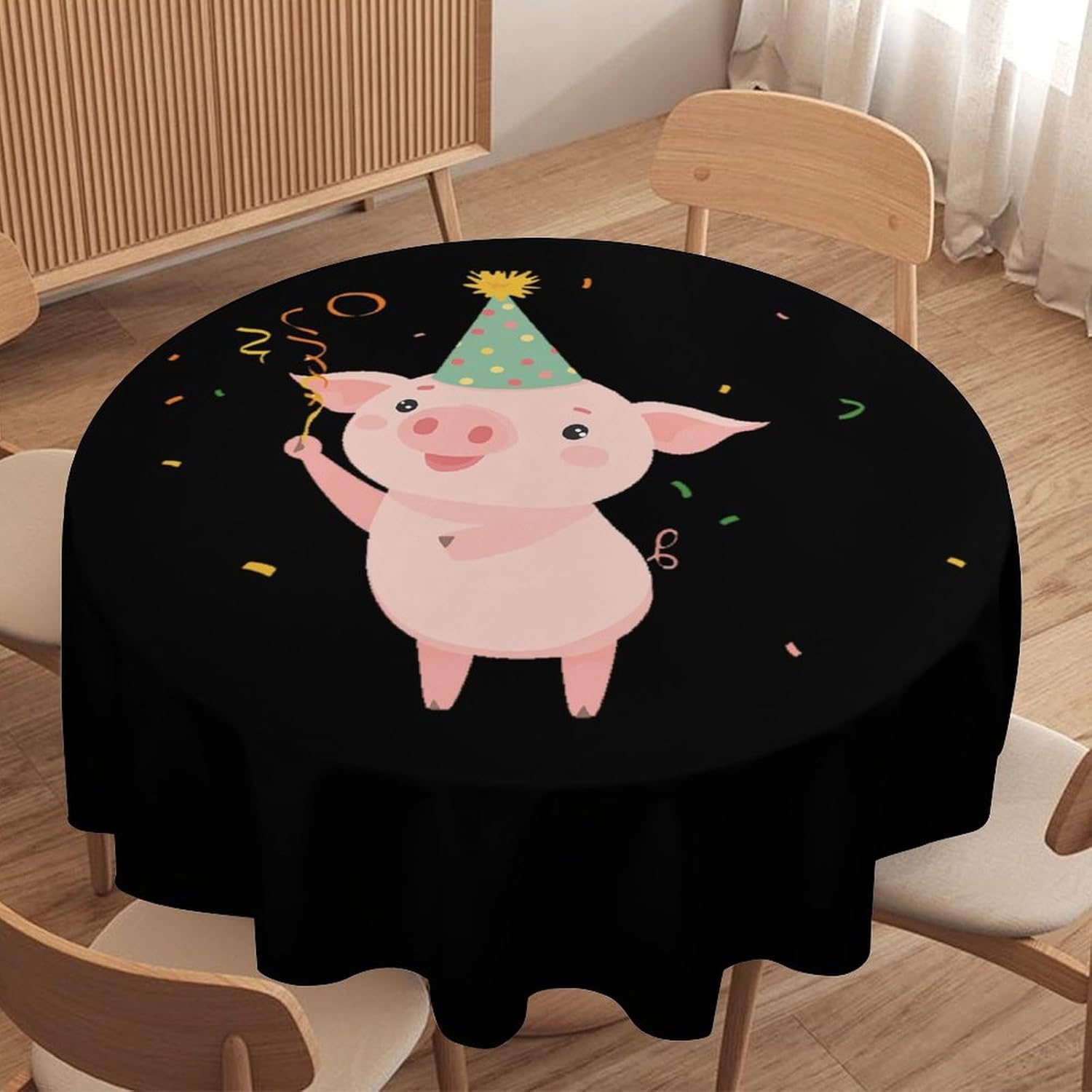 Piglet with Party Hat Round Tablecloth Water Resistant Table Cloth Decorative for Picni Camping Dining 70x70in