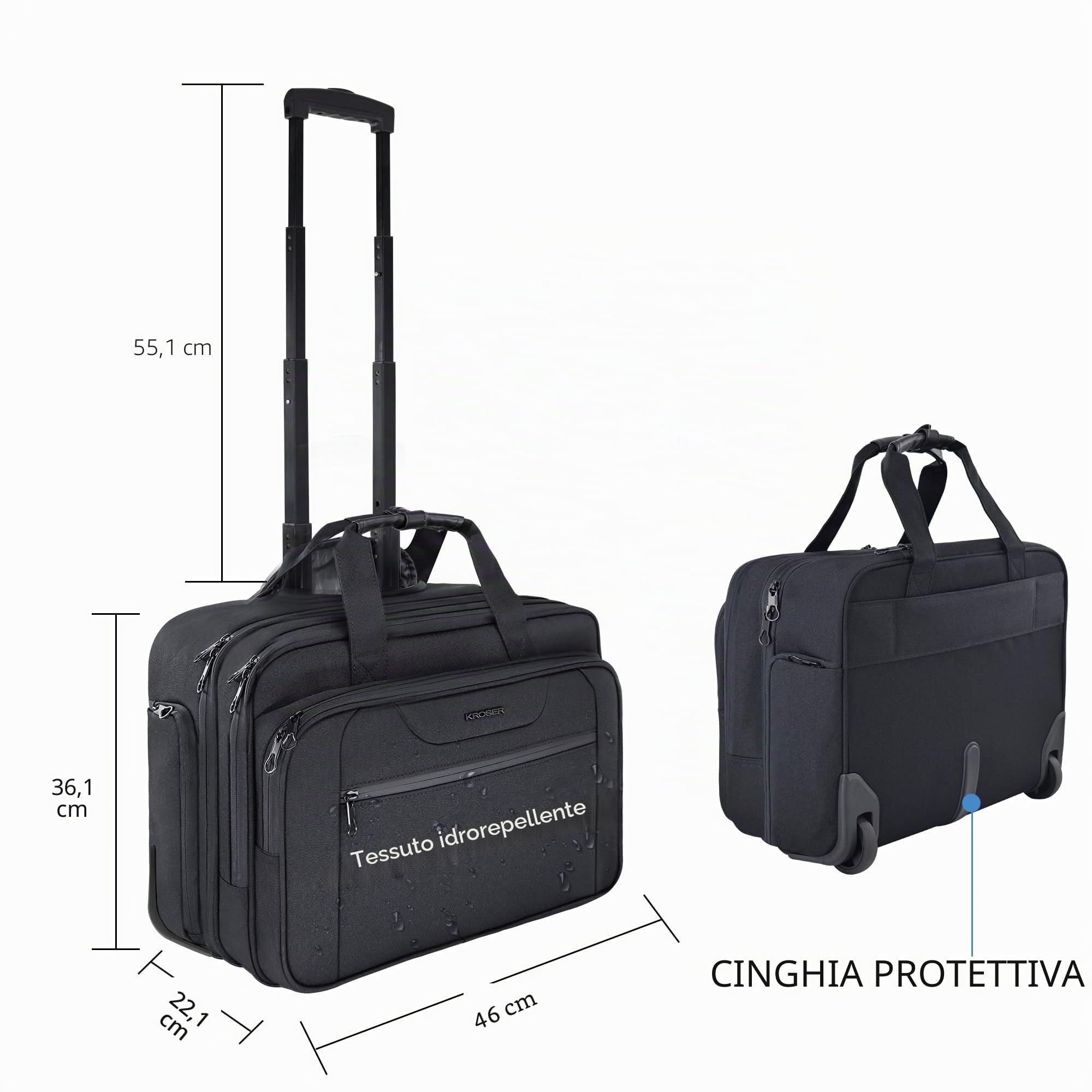 KROSER Trolley per PC Portatili Borsa per Laptop con Ruote Fino a 17,3" Impermeabili Valigia per Computer con Rotelle con Tasca RFID per Lavoro/Affari/università/Uomini/Donne-Rolling Laptop Bag