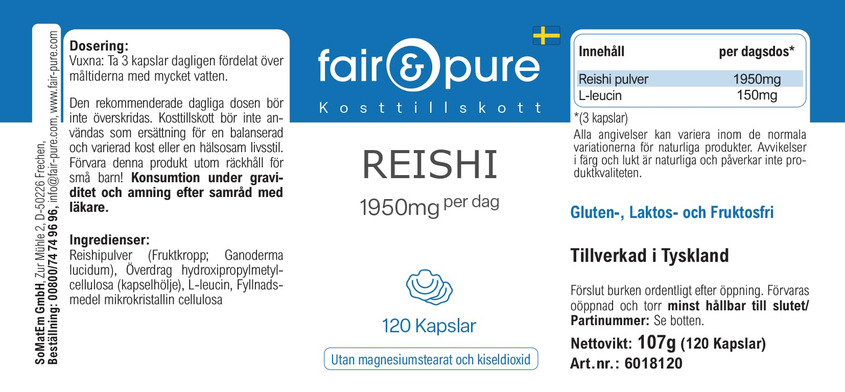 Fair & Pure® - Capsule di Reishi 1950 mg - 120 capsule - Ganoderma lucidum - Fungo medicinale - Altamente dosato - Vegano