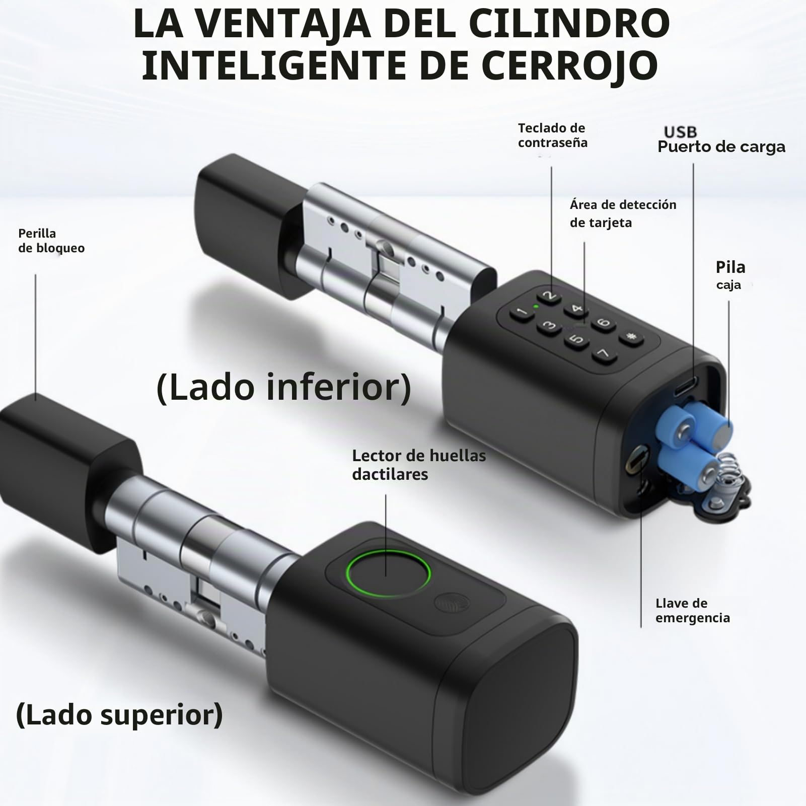 Cerradura de puerta con huellas dactilares, 5 en 1, cerradura inteligente con código numérico RFID, cerradura electrónica para puerta de casa, cilindro ajustable 60-90 mm