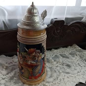 アンティーク　ドイツ製　色絵人物文　銅装飾　ビアジョッキ　N　5571 VINTAGE ≫ドイツ製ヴィンテージ*古い錫ピューター蓋付き陶磁製