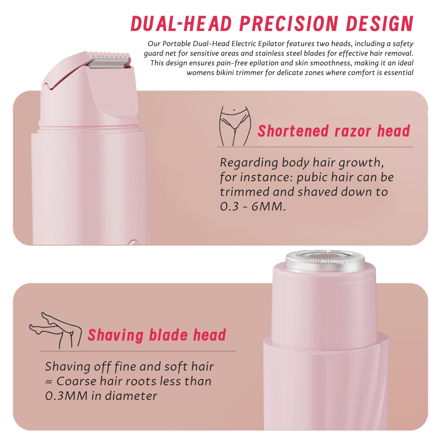 Tondeuse de bikini électrique pour femme 2 en 1 pour femme - Rasoir électrique lavable à double tête - Tondeuse de bikini portable rechargeable pour jambes, bras, corps pubien