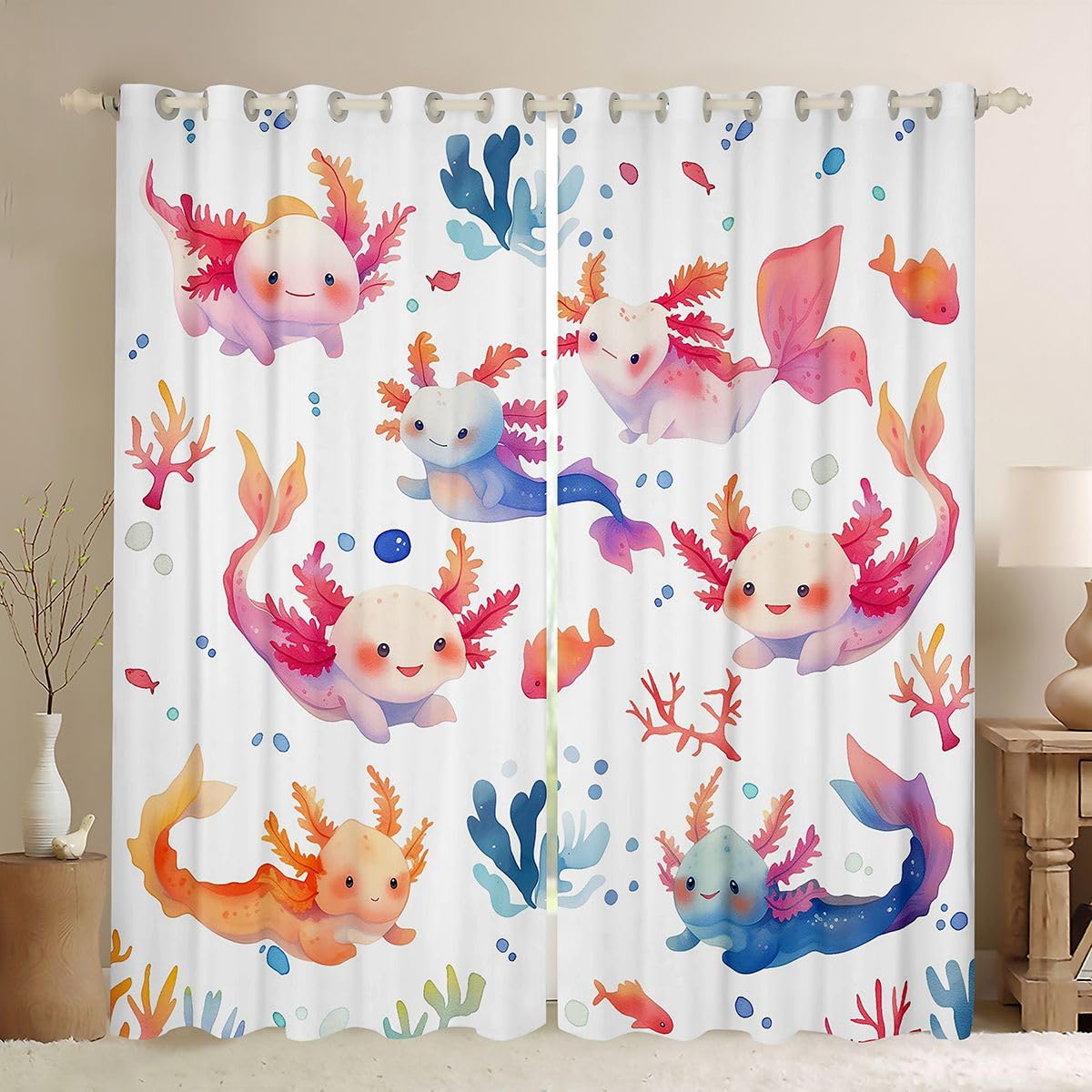 Homemissing Tende oscuranti Axolotl per camera da letto e soggiorno, motivo salamandra, stile kawaii, oceano e vita marina, 2 pannelli, 132 x 228 cm, decorazione per la stanza