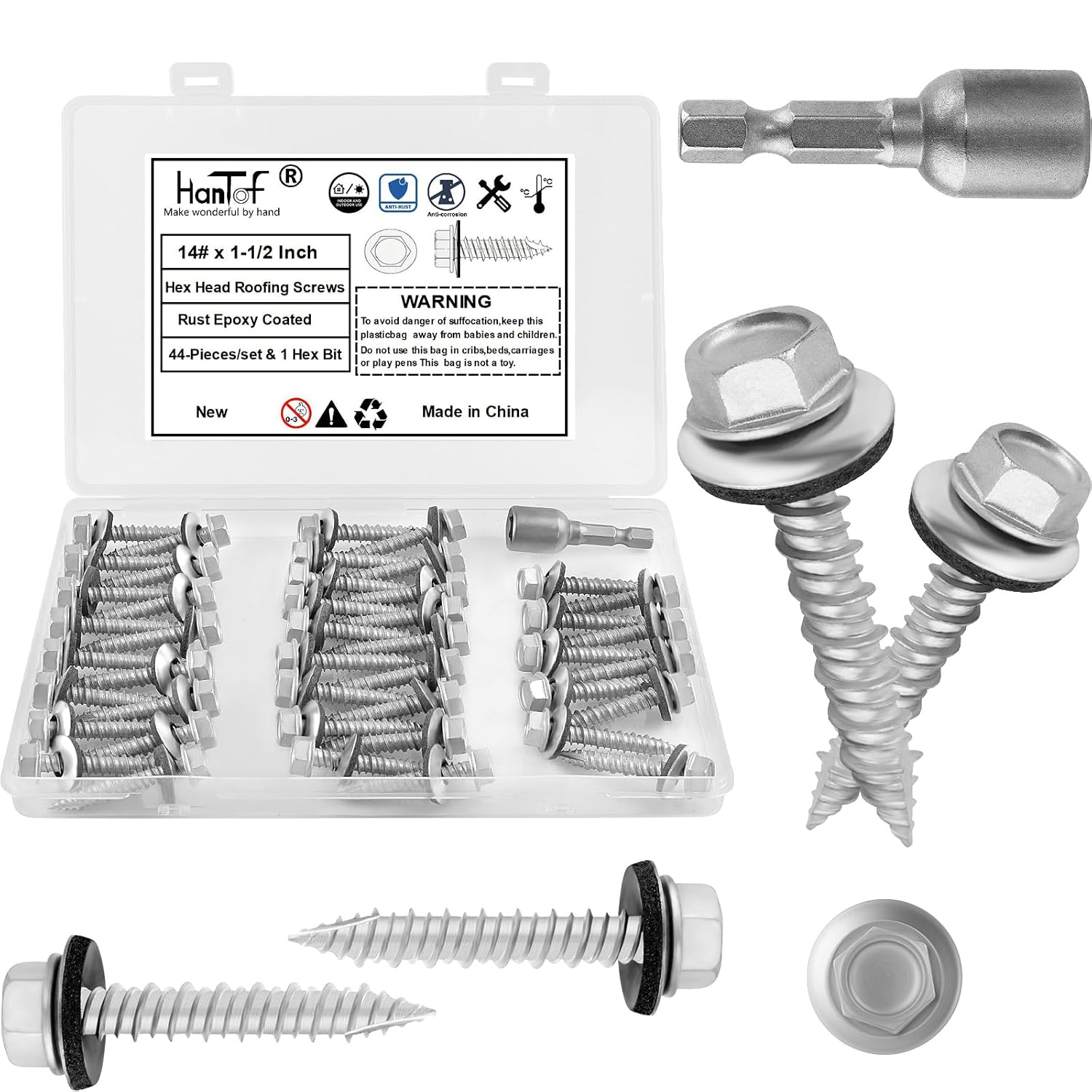 Metal Roofing Screws #10 × 1-1/2 Inch, 60-PCS, Hex Head Rustpert Coating Sheet Metal to Wood Siding Screw with EPDM Rubber Washer, Sharp Point, Hex Socket Included
