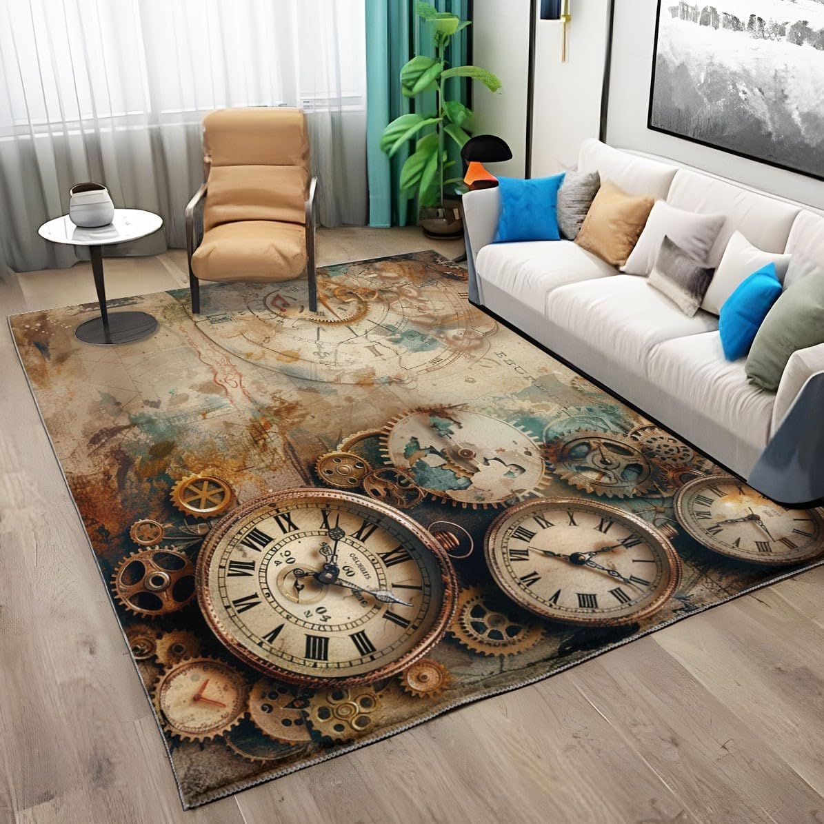Generic Retro Steampunk Clock Gears Area Rug 6x9, Soft Non-Slip Large Living Room Rug, Machine Washable Modern Geometric Bedroom Rug, Mat Carpet for Sofa Kitchen Dining Kids Room