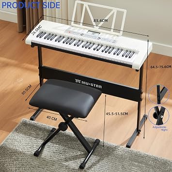 61 Key Electronic Keyboard Piano with Lighted up Keys,LCD,Headphones,X-Stand,Stool,Music Rest,Microphone,Note Stickers,Built-In Speakers,3 Teaching Modes,Ideal for Beginner Adult (White)
