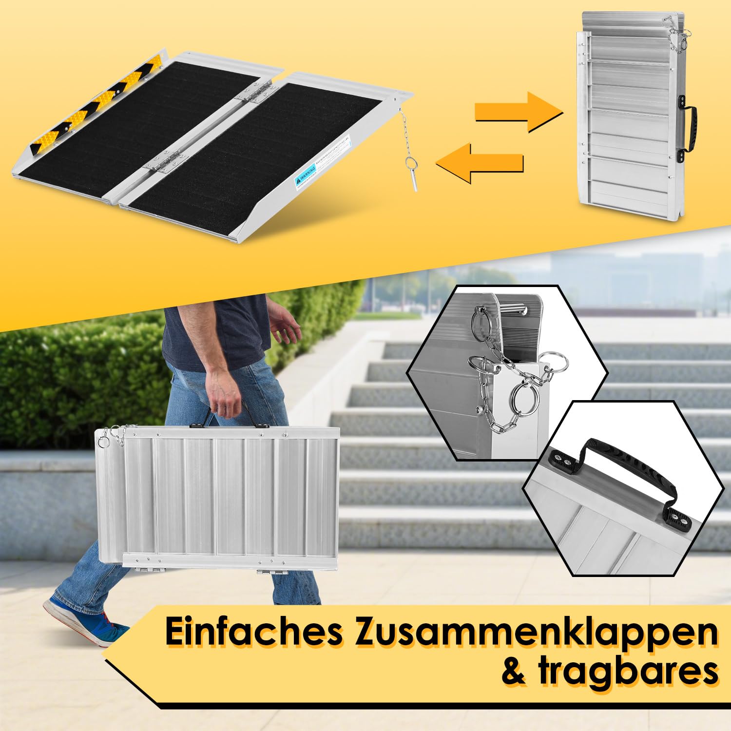 Rampa portátil para silla de ruedas de 61 cm, de aluminio, antideslizante, soporta hasta 270 kg, rampa de acceso móvil plegable, adecuada para escaleras, escalones, umbrales de puertas y más