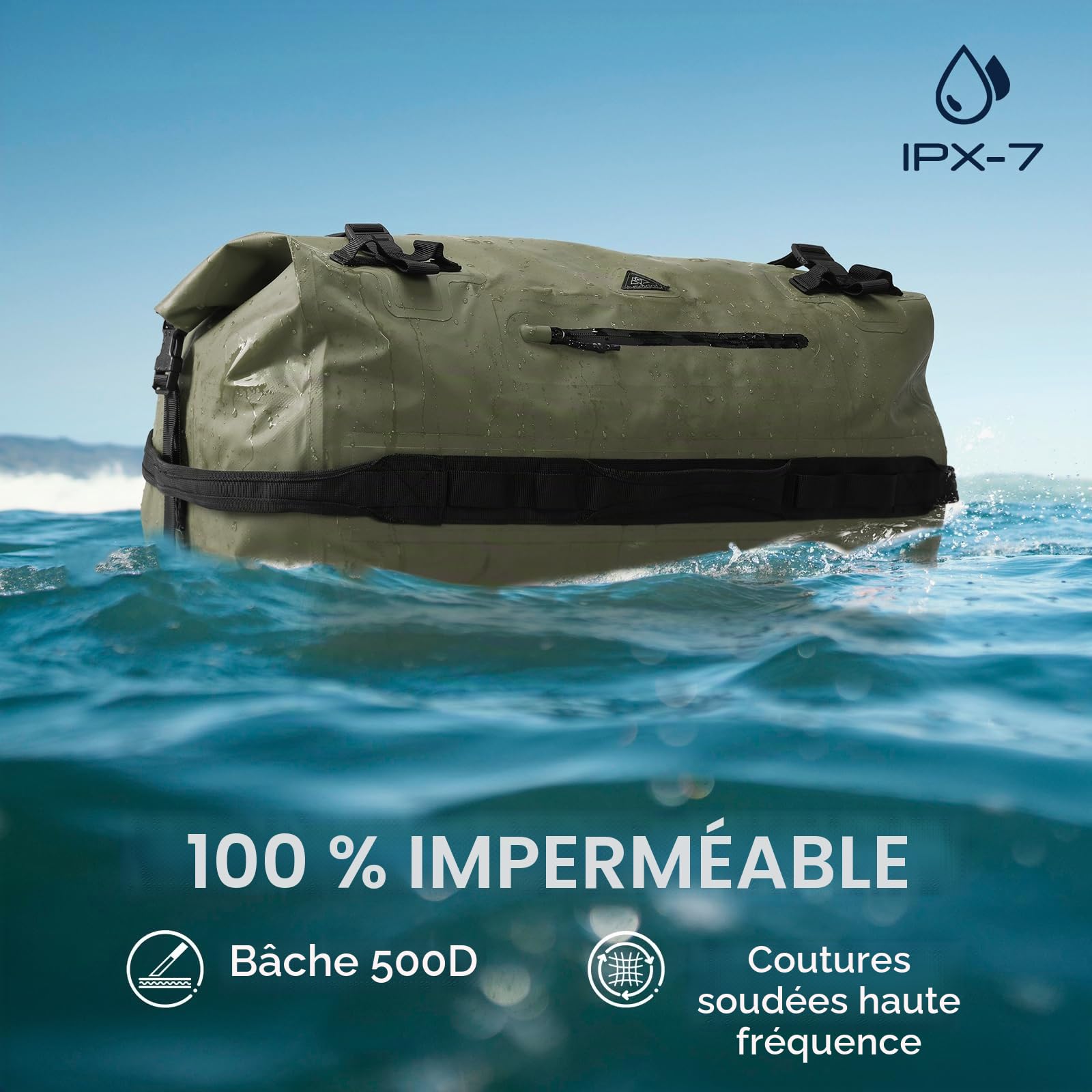 Haimont Sac à dos étanche de 60L avec fermeture à rouleau - Sac de voyage robuste pour canoë, bateau, voyage, moto, kayak, camping, vert militaire, 60L