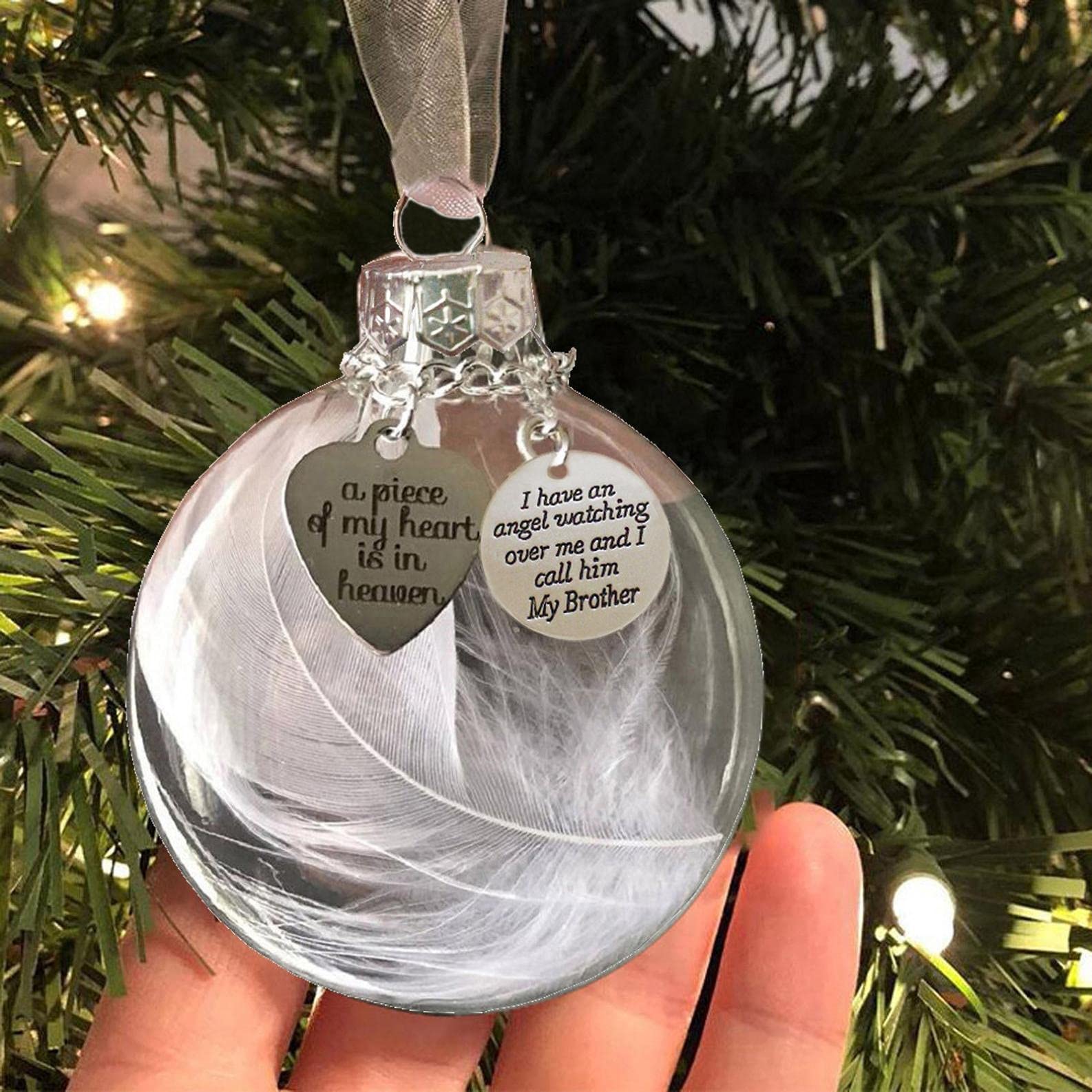 NC Clear Christmas Memorial Ornament Feather Ball - A Piece of My Heart is in Heaven Christmas Tree Decorations Memorial Hanging Pendant Gift 2.4''/60mm Round Clear Plastic Ball Ornament