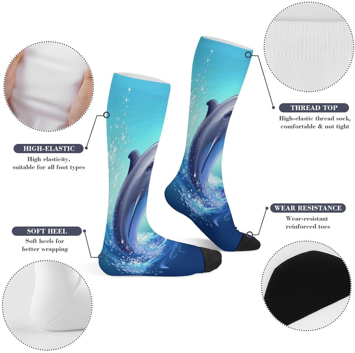 Cute Dolphin Mid-Calf Socks Women Warm Knee High Socks Cozy Hiking Skiing Soft Boot Mid Calf Stocking Unisex