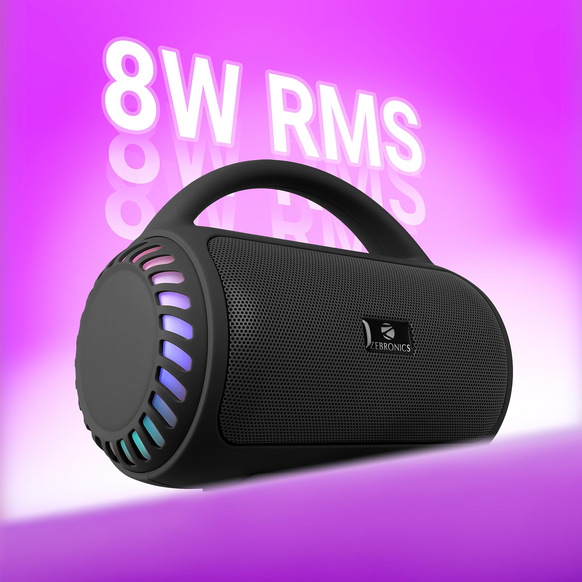 Zebronics Portable Bluetooth Speaker, 8W, Upto 18 Hours Playback, BTv5.3, mSD, TWS, USB, 8 Multi-Color LED Modes, Call Function, Type-C Charge, Deep Bass, Carry Handle (County 5 Plus, Black) — Amazon image 2