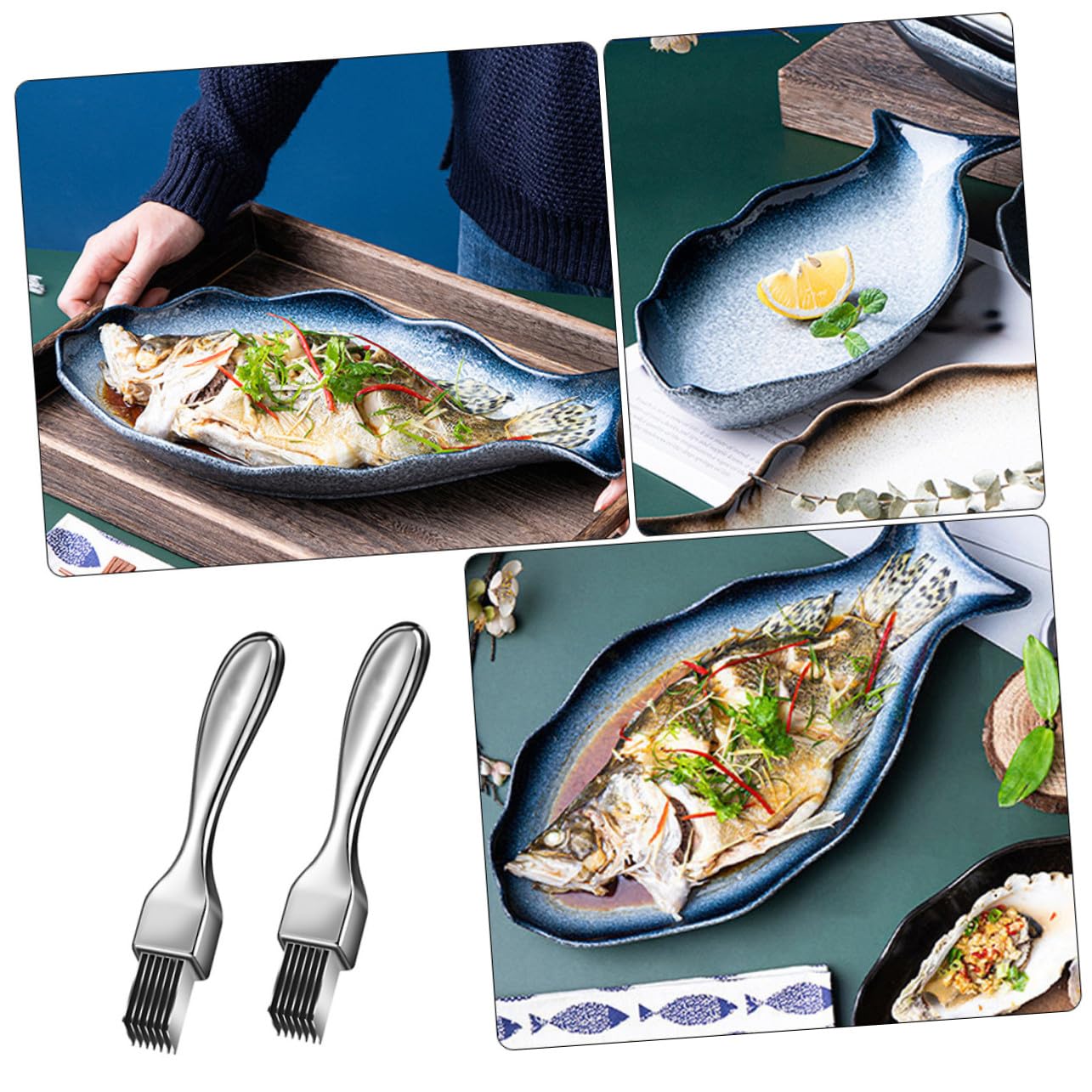 Alipis Plato de Cerámica Forma de Pez para Vapor y Servir Pescado Diseño Antideslizante para Mariscos y Aperitivos Cocina y Comedor