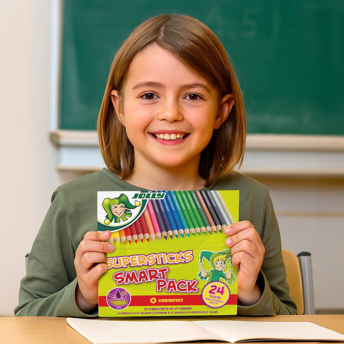 JOLLY Supersticks Smart-Pack - Confezione da 24 matite colorate, per bambini, resistente alla rottura, colori vivaci, per la scuola, doppio e triplo, per penne, pittura, disegno, materiale scolastico