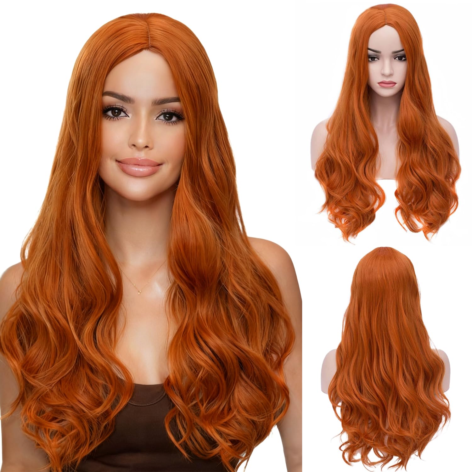 BERON Orange Wig Long Curly Wig Orange Wigs for Women Ginger Wigs Heat Resistant Synthetic Hair with Hairnet