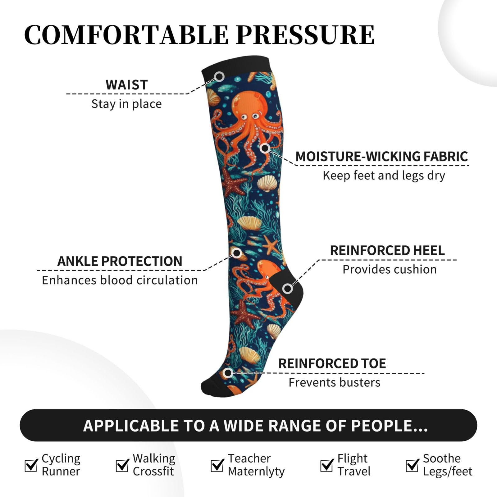 Yealedee Ocean Octopus Compression Socks Calf Knee High Support Socks Novelty For Women Men Athletic Running Hiking Nurse