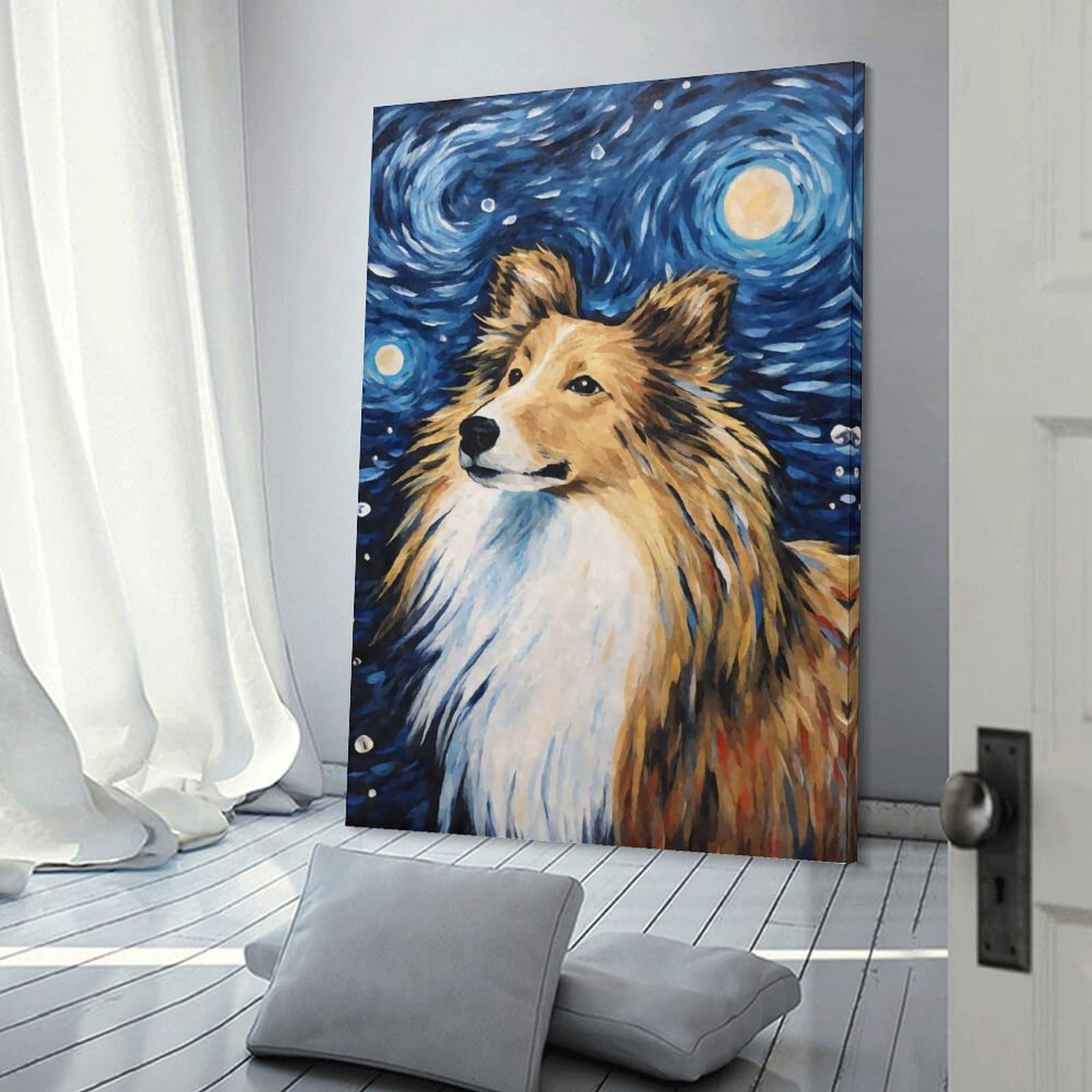 Junmoney Frame-Style-7 Hanging Wall Art Shetland Sheepdog Night, 12X18inch(30X45cm), For Entryway, Lounge Links Or Small Walls, A Neat Decor Update For Hallways