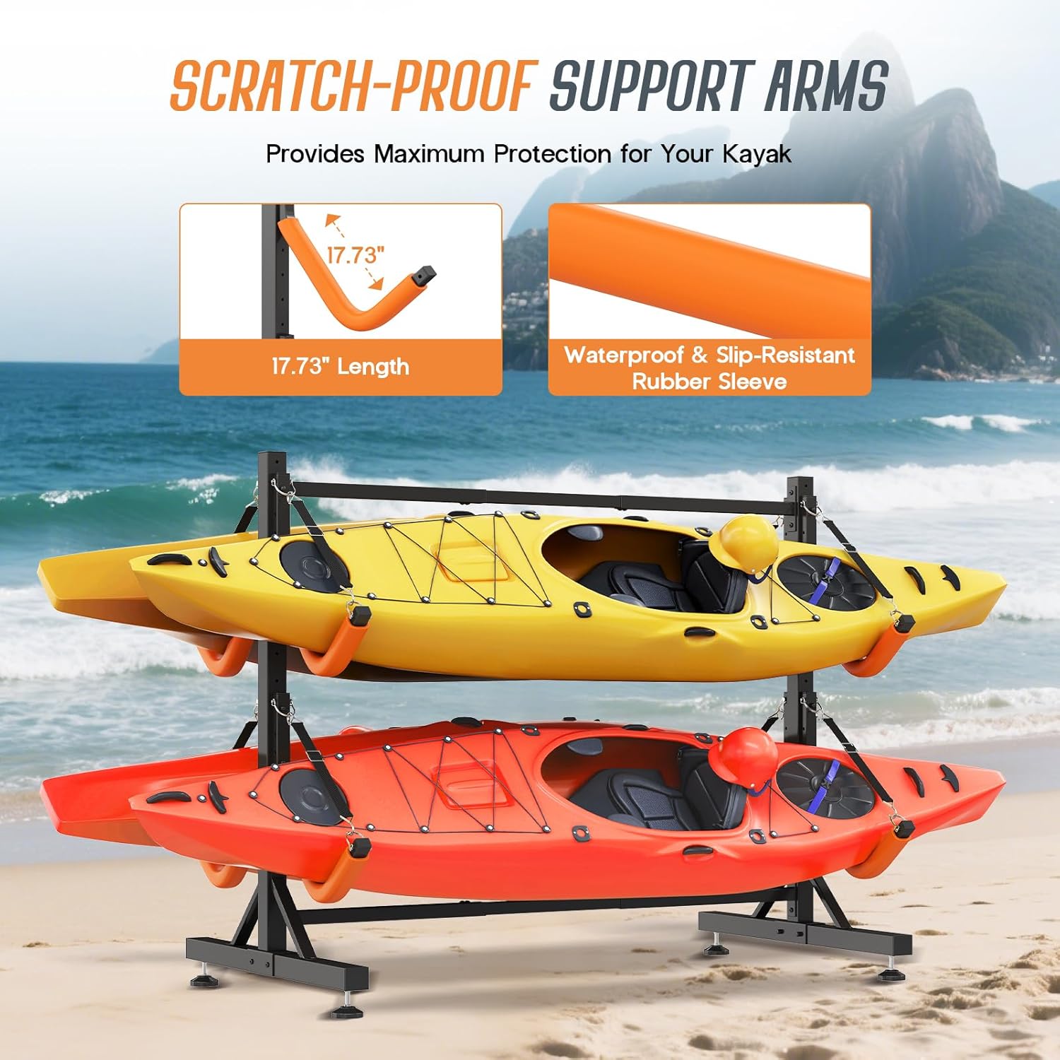 SPECRAFT Freestanding Kayak Storage Rack, Adjustable Width Stand with Stable Base, Elastic Ropes, EVA Tube Sleeves, for Indoor Outdoor Garage
