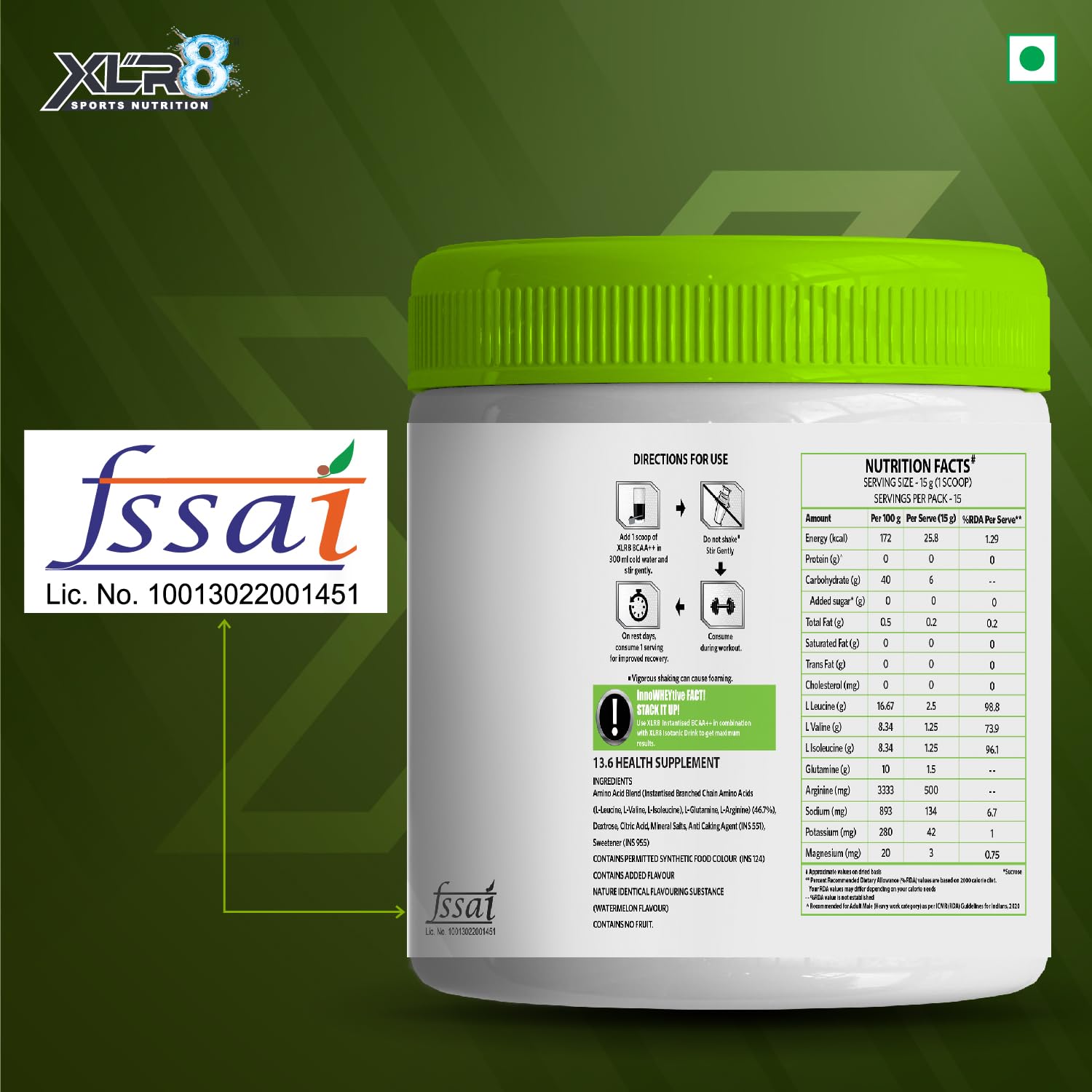 XLR8 BCAA++ Powder Supplement 2:1:1 with Vegan Instantised BCAA 5000mg,1500mg Glutamine, 500mg Arginine &180 Electrolytes (225 g (Pack of 1), Watermelon) 1