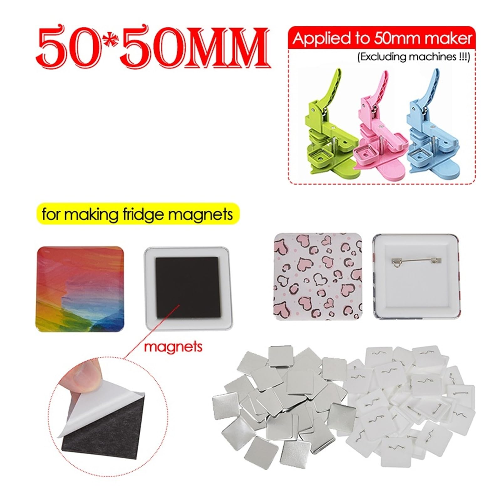 Piezas de insignias cuadradas de 50 x 50 mm, imanes for refrigerador, botones, consumibles, juego de 100, materiales for hacer insignias Uso generalizado(100set Magnet 50mm)