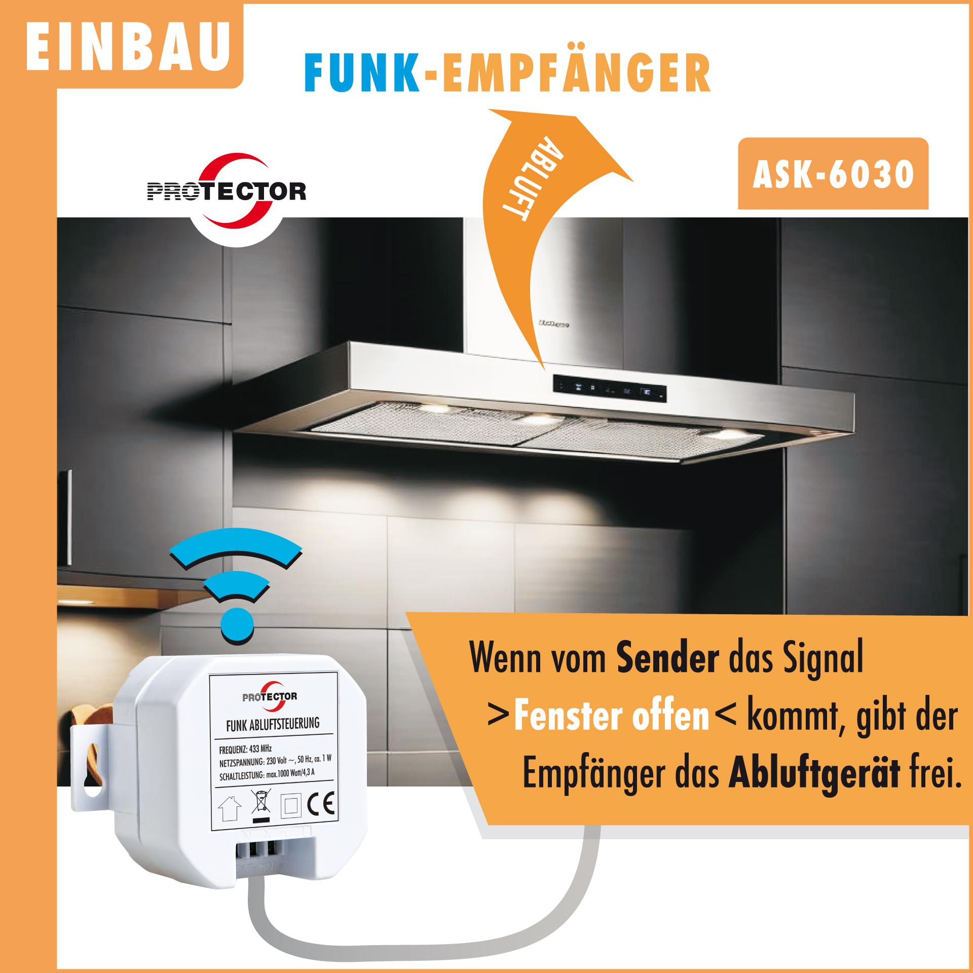 [NEU] PROTECTOR ASK-6030 I Funk-Abluftsteuerung mit batterielosem Kinetik-Fenstersender + Thermo-Ofensender | Fensterkontaktschalter | Einbauvariante