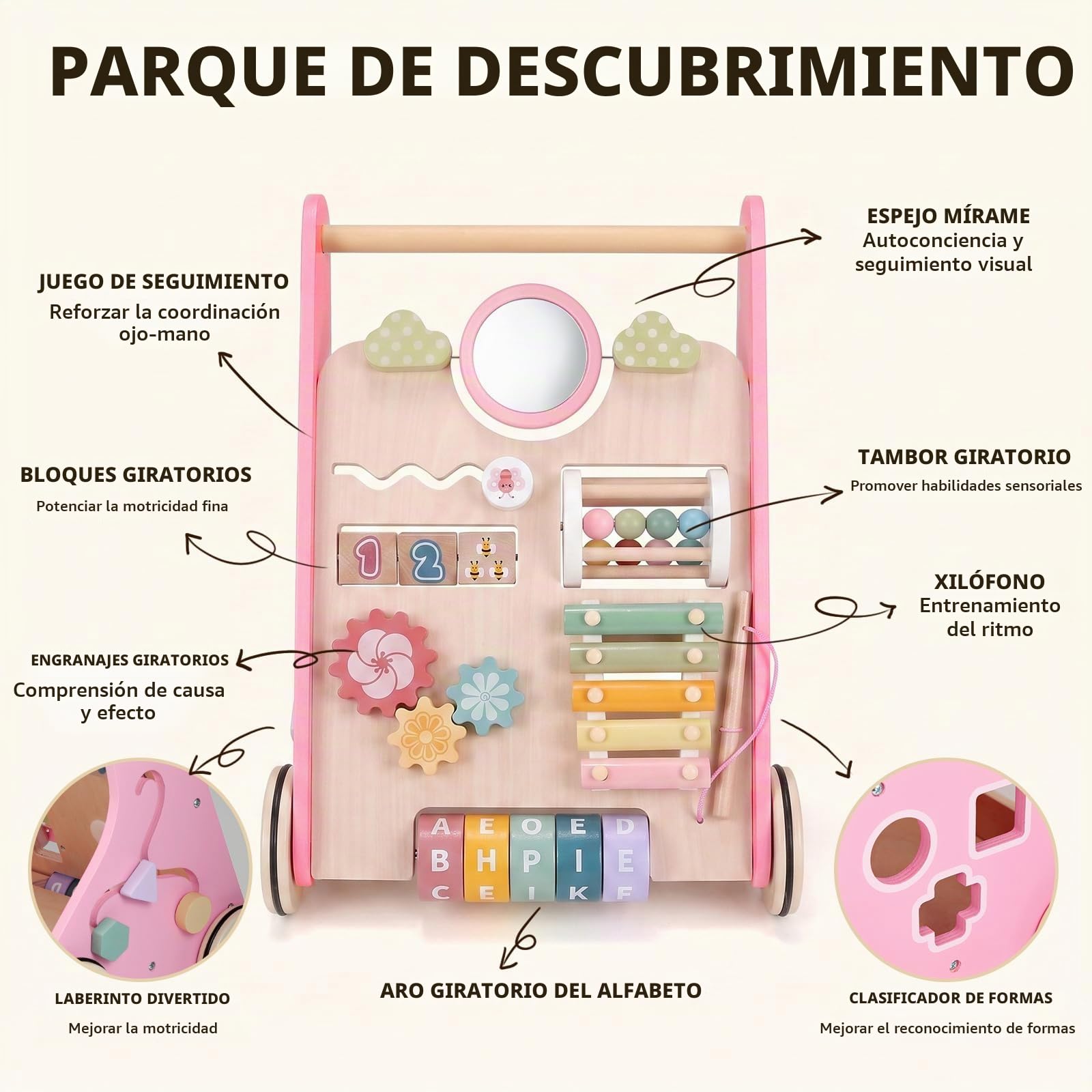 Andador Bebes Montessori,Caminador Bebe de Madera,Juguetes Bebe 1 Año,Rosa