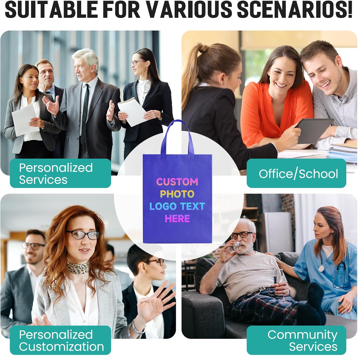Fyore Bulk Custom Tote Bags 10/50/100/200/500 Pack, Promotional Items with Your Logo, Personalized Shopping Bags, Reusable Tote Bags with Handles 15x12x4 in, 6 Colors