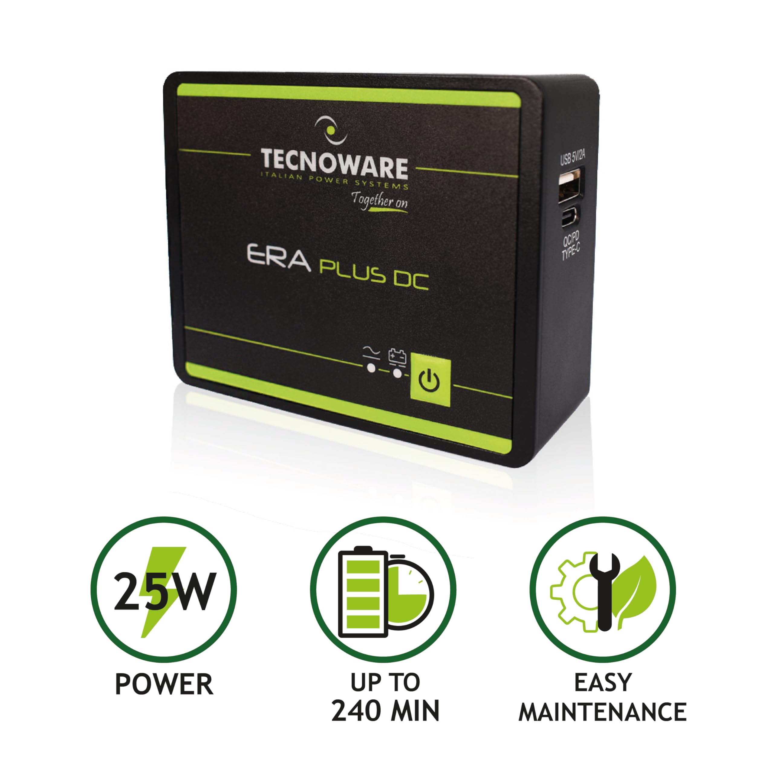 Tecnoware Mini UPS ERA PLUS DC, per WiFi/Modem, Videosorveglianza, non adatto PC Gaming e Console, USB-C, USB-A, PowerBank 5200Mah, Protezione continua Sbalzi Corrente, Protezione Blackout fino 240min