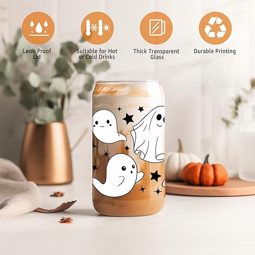 Miniatura 4 de Coolife Taza fantasma de Halloween, vaso de vidrio de 16 onzas con tapas y pajitas, taza de café helado espeluznante para batidos, bonitos regalos