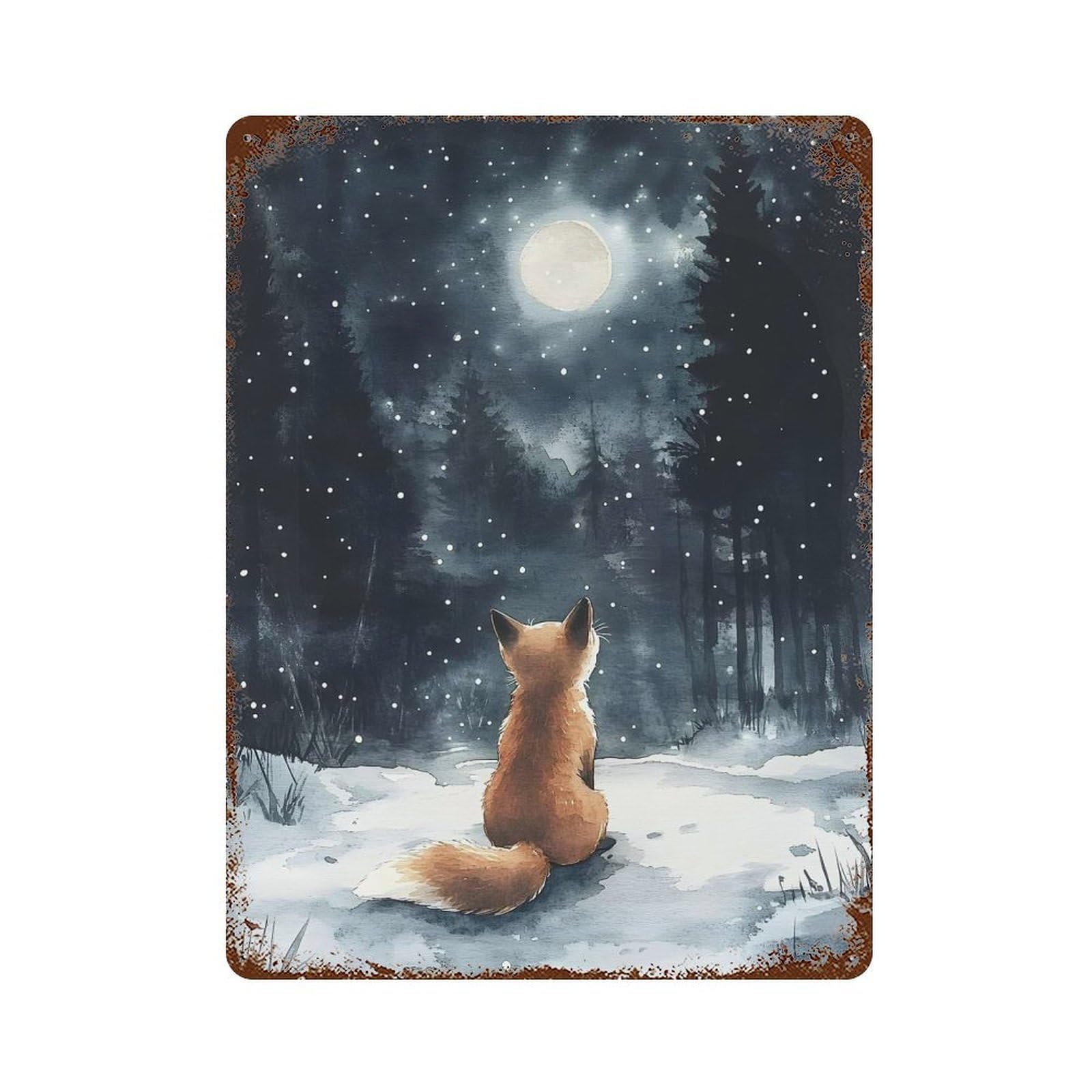 Fox Under The Moonlight 15.7"x11.8" Retro Metal Sign, Industrial Home Decor for Basement, Hobby Room And Garage Decor