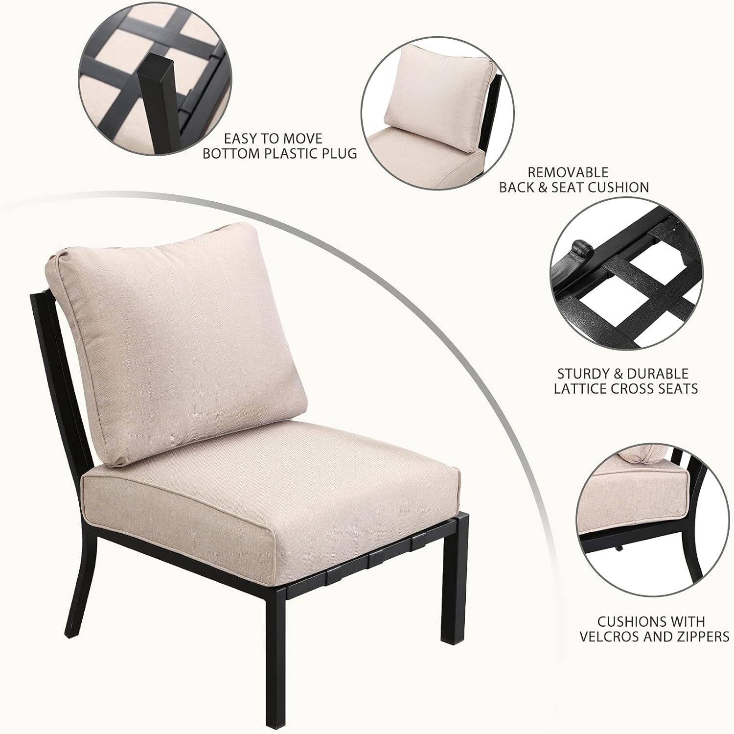 Festival Depot Patio Dining Chair Metal Armless Chair with Thick Cushions Outdoor Furniture for Porch Balcony Bistro, Beige : Patio, Lawn & Garden