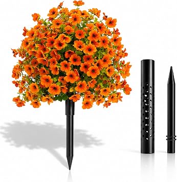 Artificial Flowers for Outdoors with Ground Stakes, 24 Inch UV Resistant Outdoor Artificial Flowers, Realistic Faux Flowers for Outside Decoration, Hanging & Potted Artificial Plants Orange