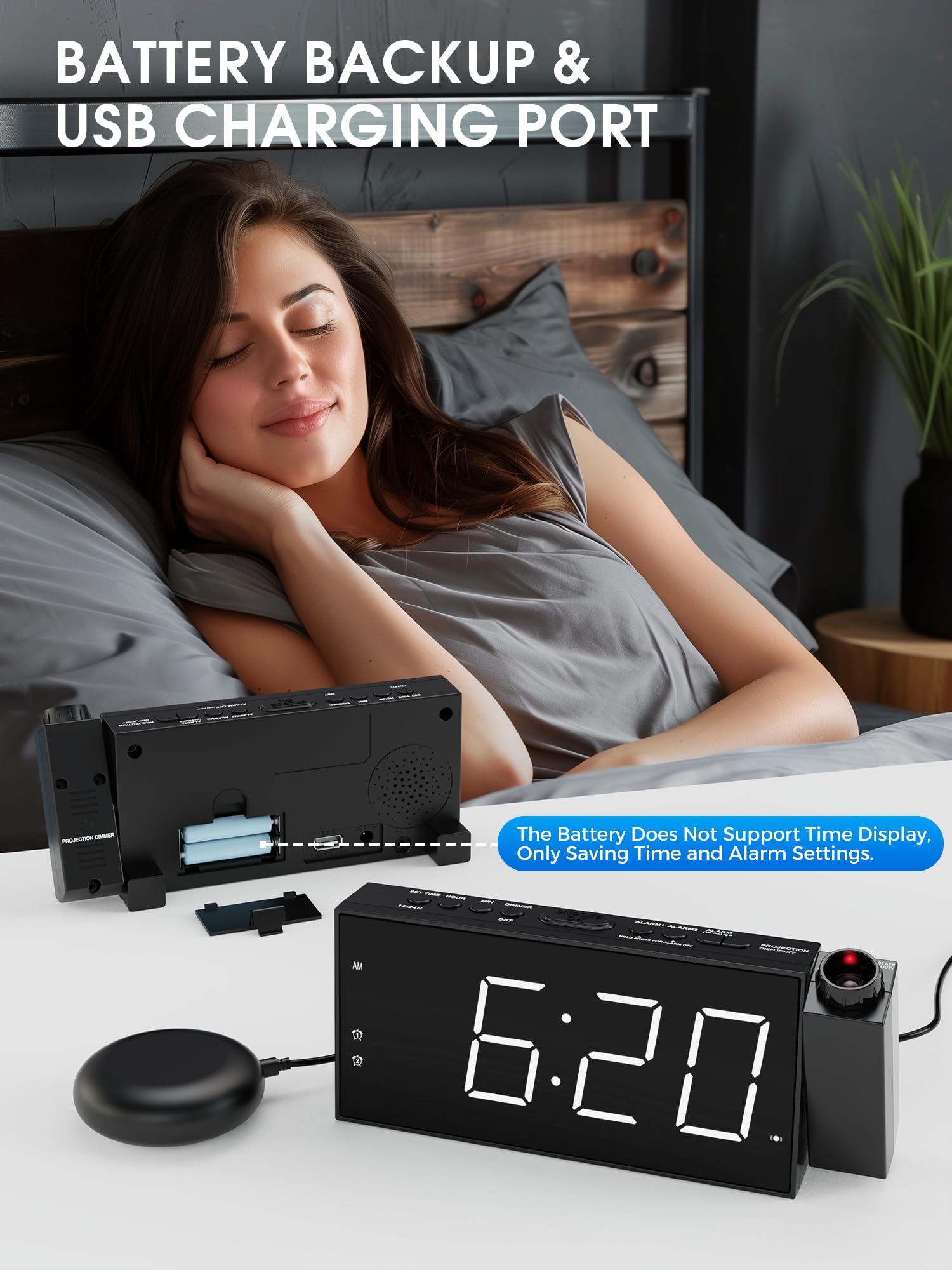 Sveglia A Vibrazione Digitale Con Vibratore per Sordi, Proiezione per Camera da Letto, Doppie Sveglie, Luminosità Regolabile, Volume, Porta USB, Bianco