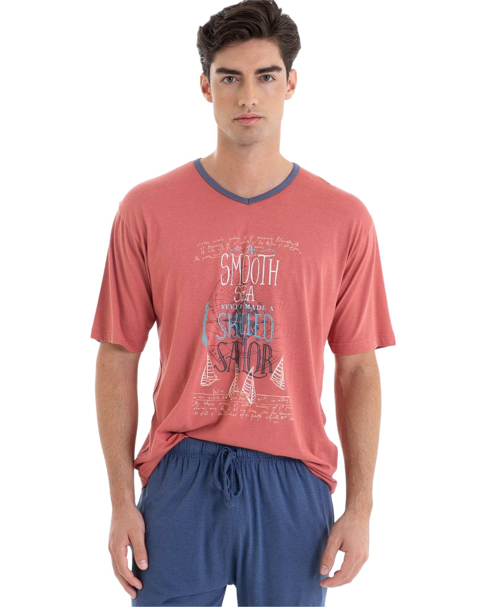 MASSANA Pijama de Verano para Hombre P251311, Camiseta Teja con Estampado Marinero y Short Azul, 50% Algodón 50% Viscosa (FR/ES, Letras, L, Regular, Regular, Teja)