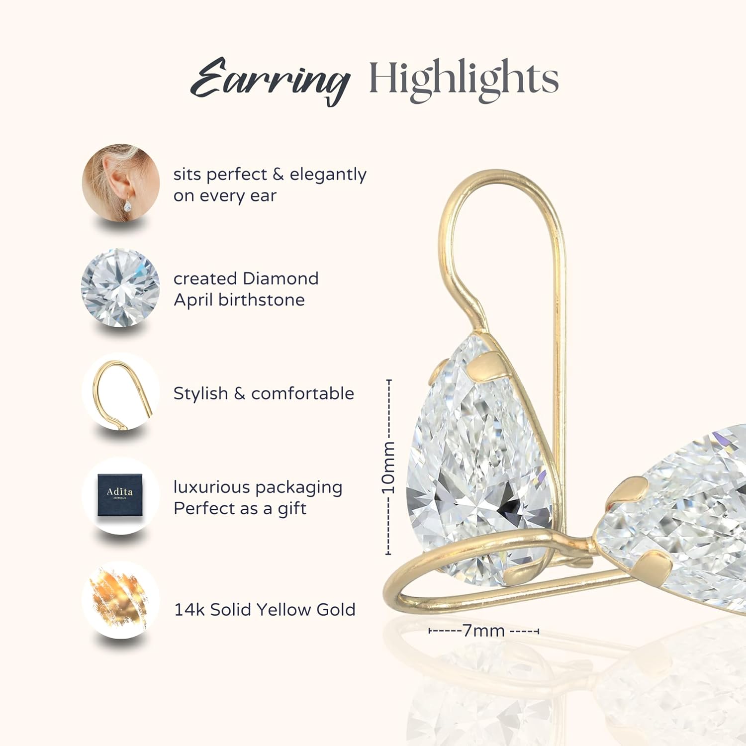 14K Solid Gold Earrings - Gemstone Earrings for Women - 14K Gold Earrings for Women - Birthstone Earrings - Teardrop Earrings for Women - Gold Dangle Earrings - Small Dainty Earrings - Image 6