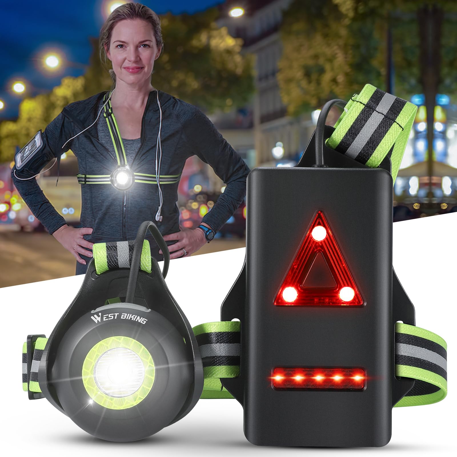 ICOCOPRO Running Lights for Runners, 500 Lumen Chest Light with Reflective Straps, 90 ° Adjustable IPX5 Waterproof Running Torch with Red Rear Light for Jogging, Fishing, Camping