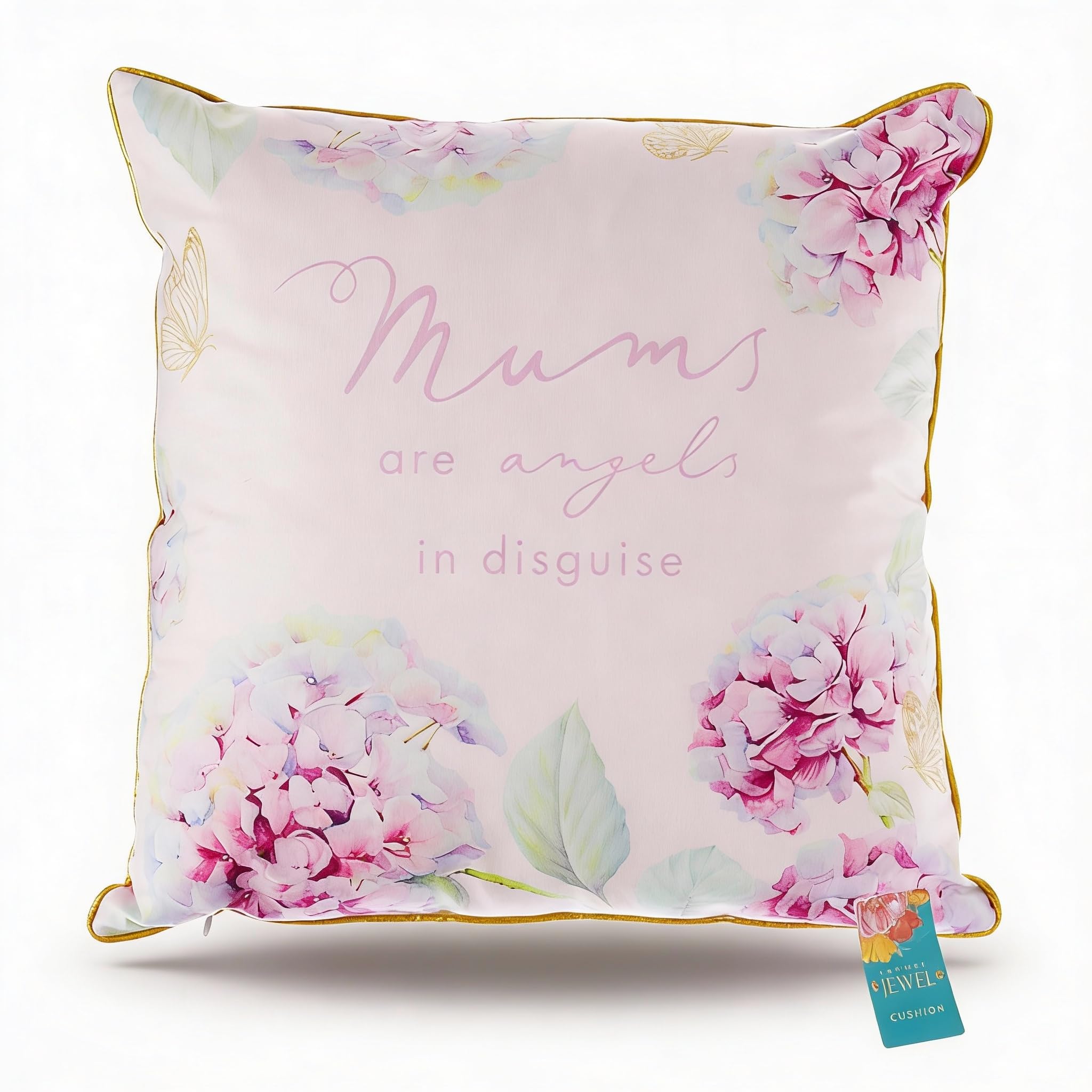 Hox Luxe Jewel Cushion for Mum, Floral Hydrangea Design with Sentimental ‘Mums Are Angels in Disguise’ Quote, Deep-Filled 46 x 46cm Decorative Pillow