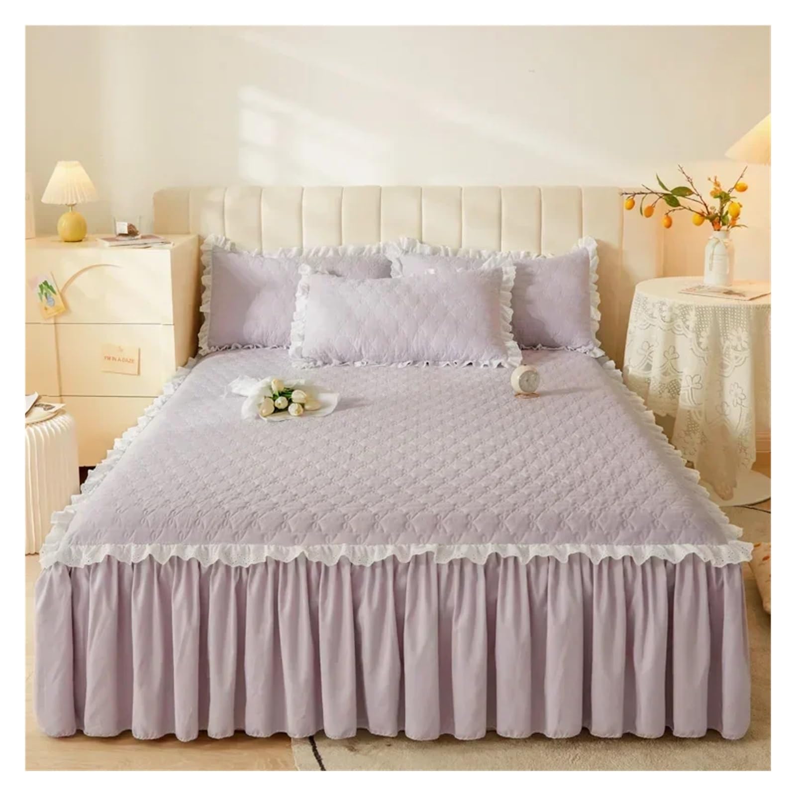 Queen Size Bed Skirt Purple Mattress Protector Thicken Bedspread 180x200 Home Quilted Bed Cover(Purple,180x200cm 1pc)