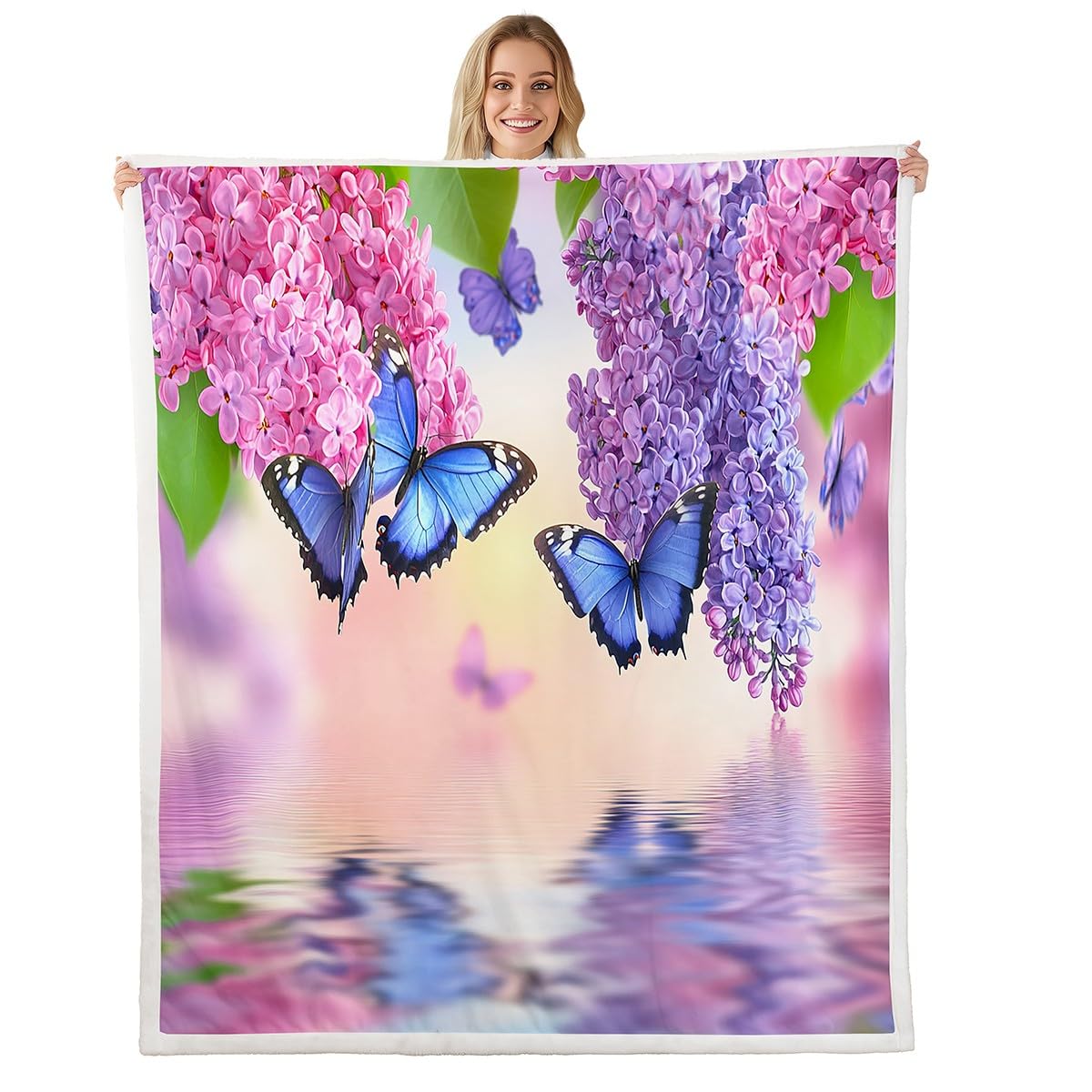 Erosebridal Lilac Flowers Plush Bed Blanket for Kids Girls Teens Adults Women Pink Blue Floral Throw Blanket, Butterfly Sherpa Blanket Romantic Garden Theme Fleece Blanket Throw 50"x60" โ image 1