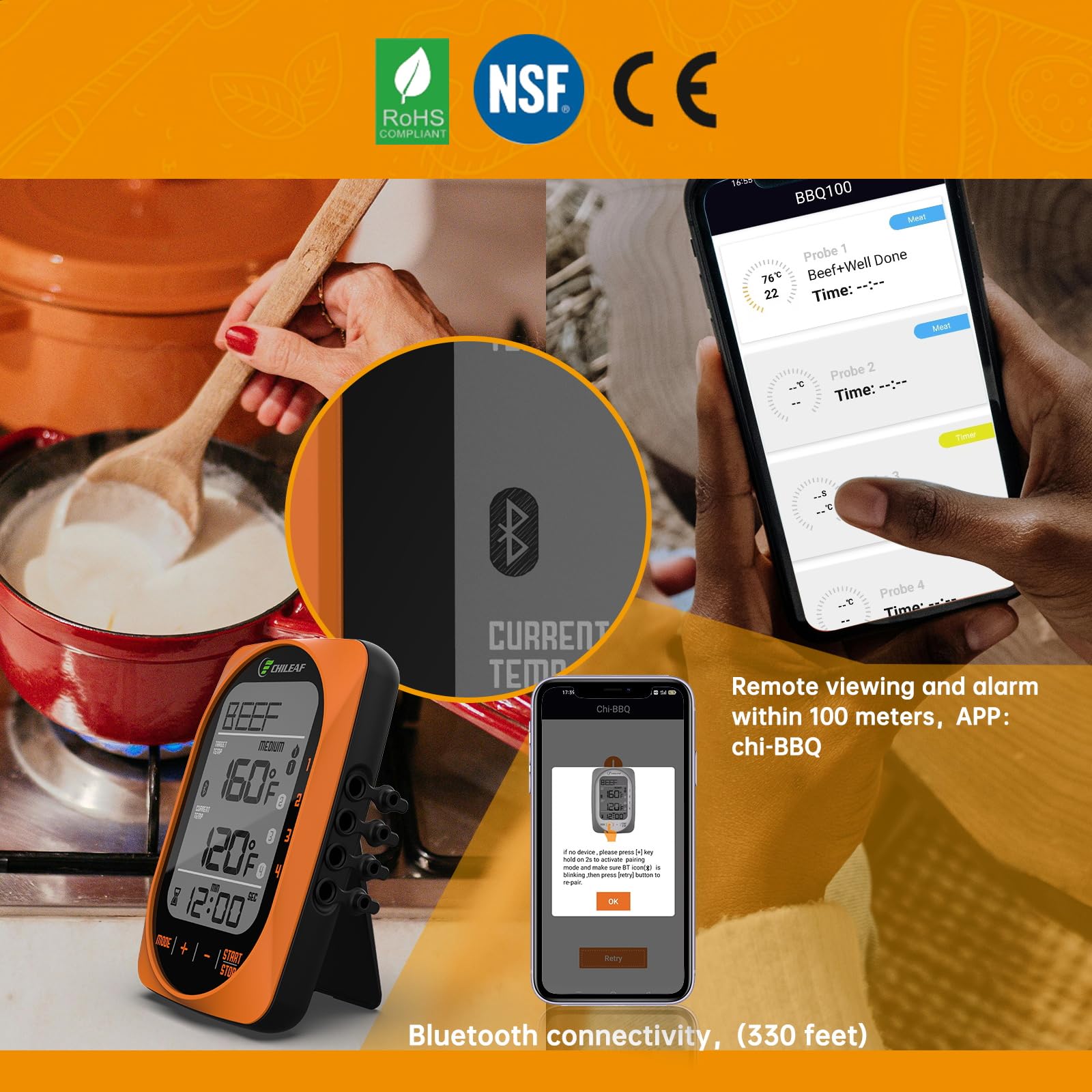 Meat Thermometer Digital Instant Read Food Thermometer Grill Thermometer Smart Bluetooth BBQ Thermometer Oven Thermometer with 4 Probes Time Mode Temper Mode for Grill Candy Meat Oven Food Smoker
